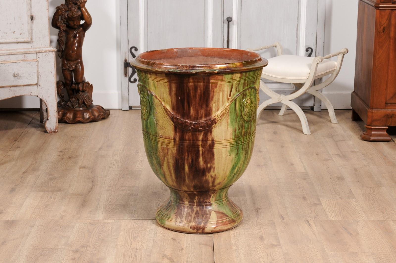 Ceramic Large French Boisset Anduze Jar with Brown, Green Glaze and Swags, 21st Century For Sale