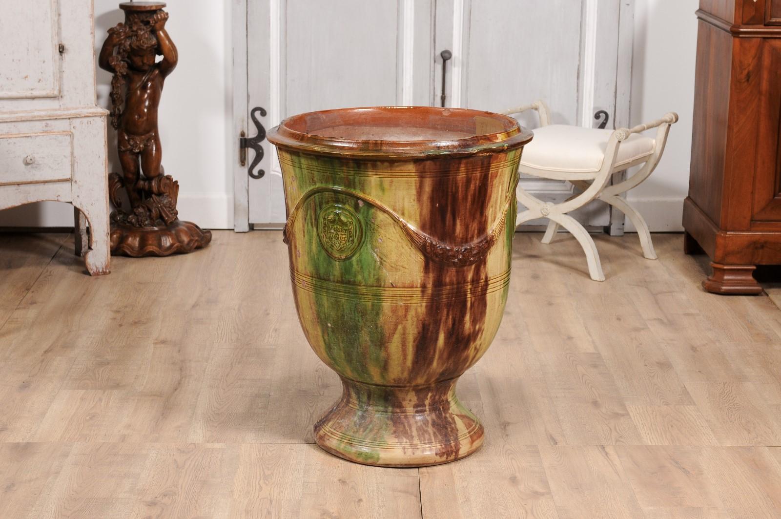 Large French Boisset Anduze Jar with Brown, Green Glaze and Swags, 21st Century For Sale 1