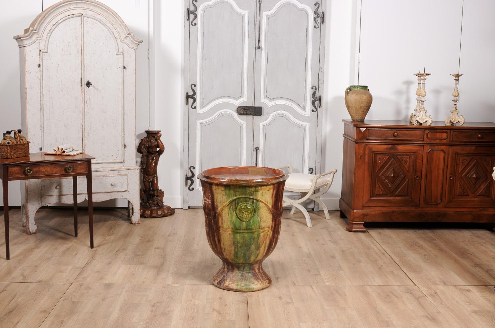 Large French Boisset Anduze Jar with Brown, Green Glaze and Swags, 21st Century For Sale 2