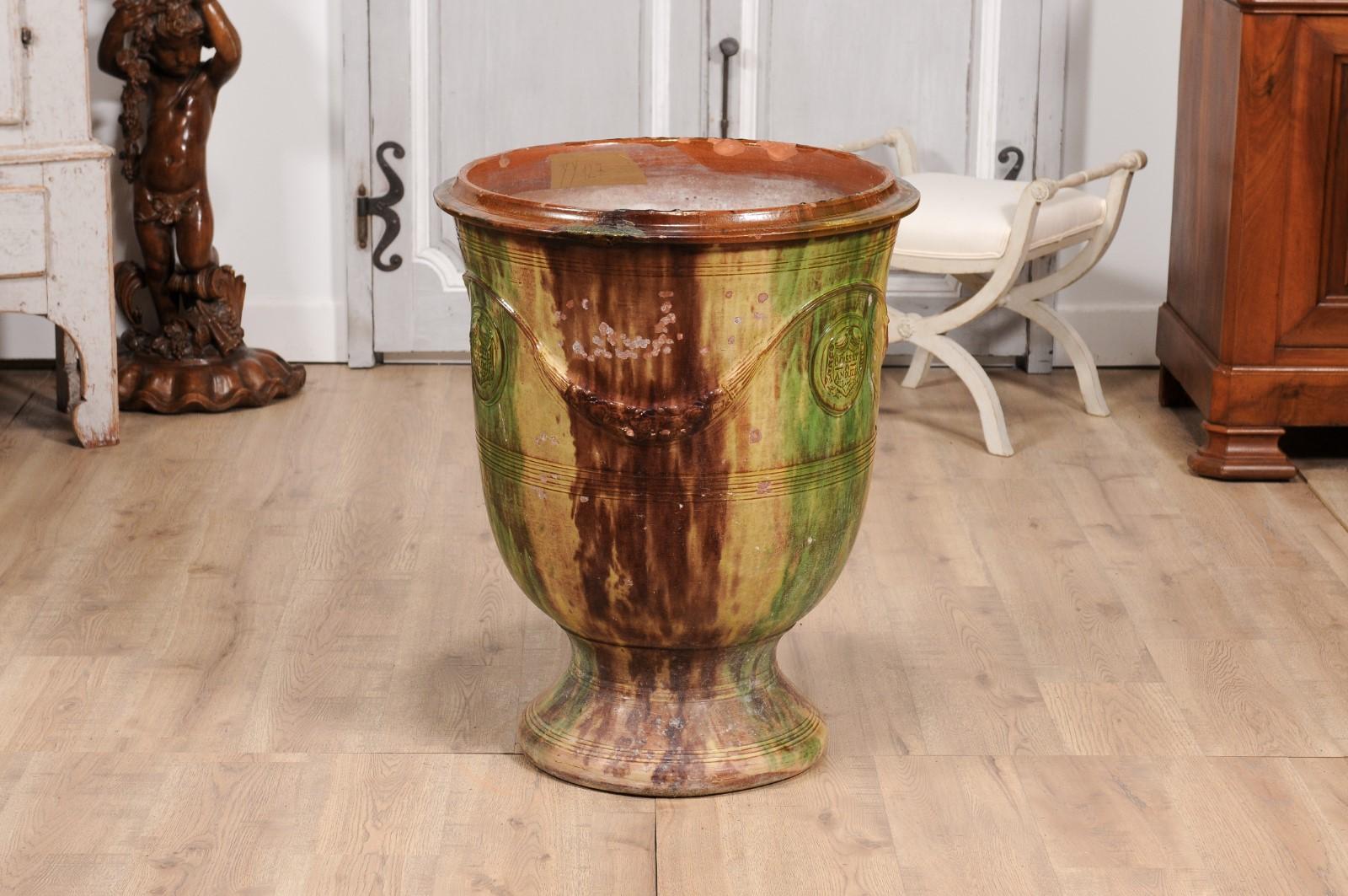 Large French Boisset Anduze Jar with Brown, Green Glaze and Swags, 21st Century For Sale 3