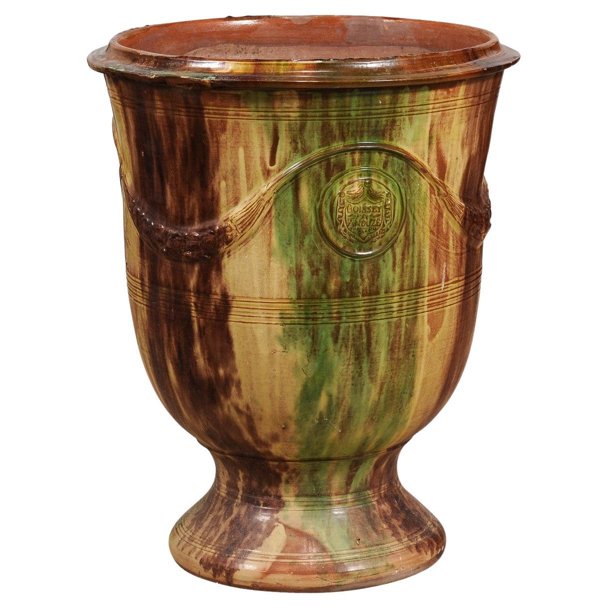 Large French Boisset Anduze Jar with Brown, Green Glaze and Swags, 21st Century For Sale