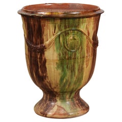 Used Large French Boisset Anduze Jar with Brown, Green Glaze and Swags, 21st Century