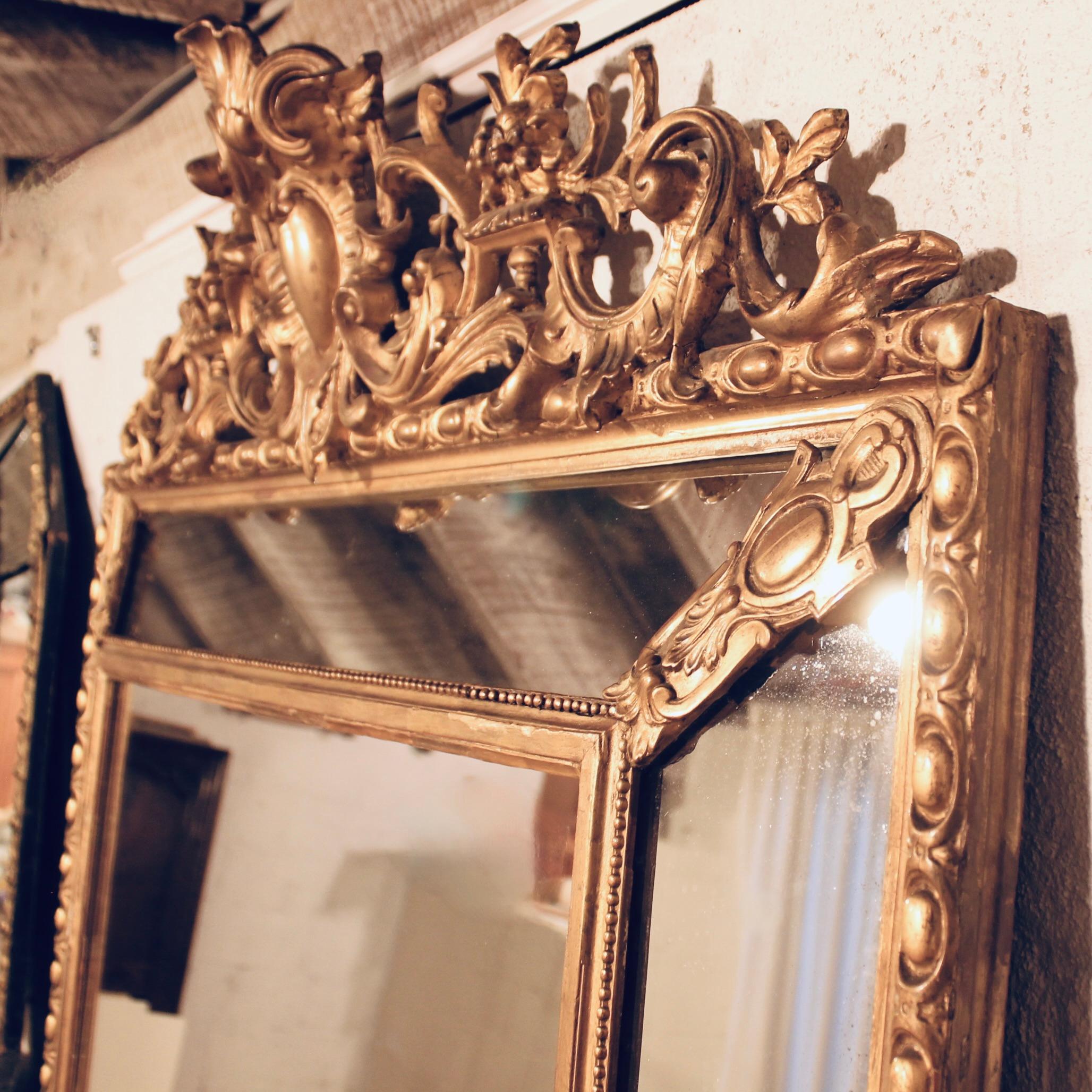 Large French  Borderglass Pier Mirror with Rococo Winged Crest, from Nantes For Sale 4