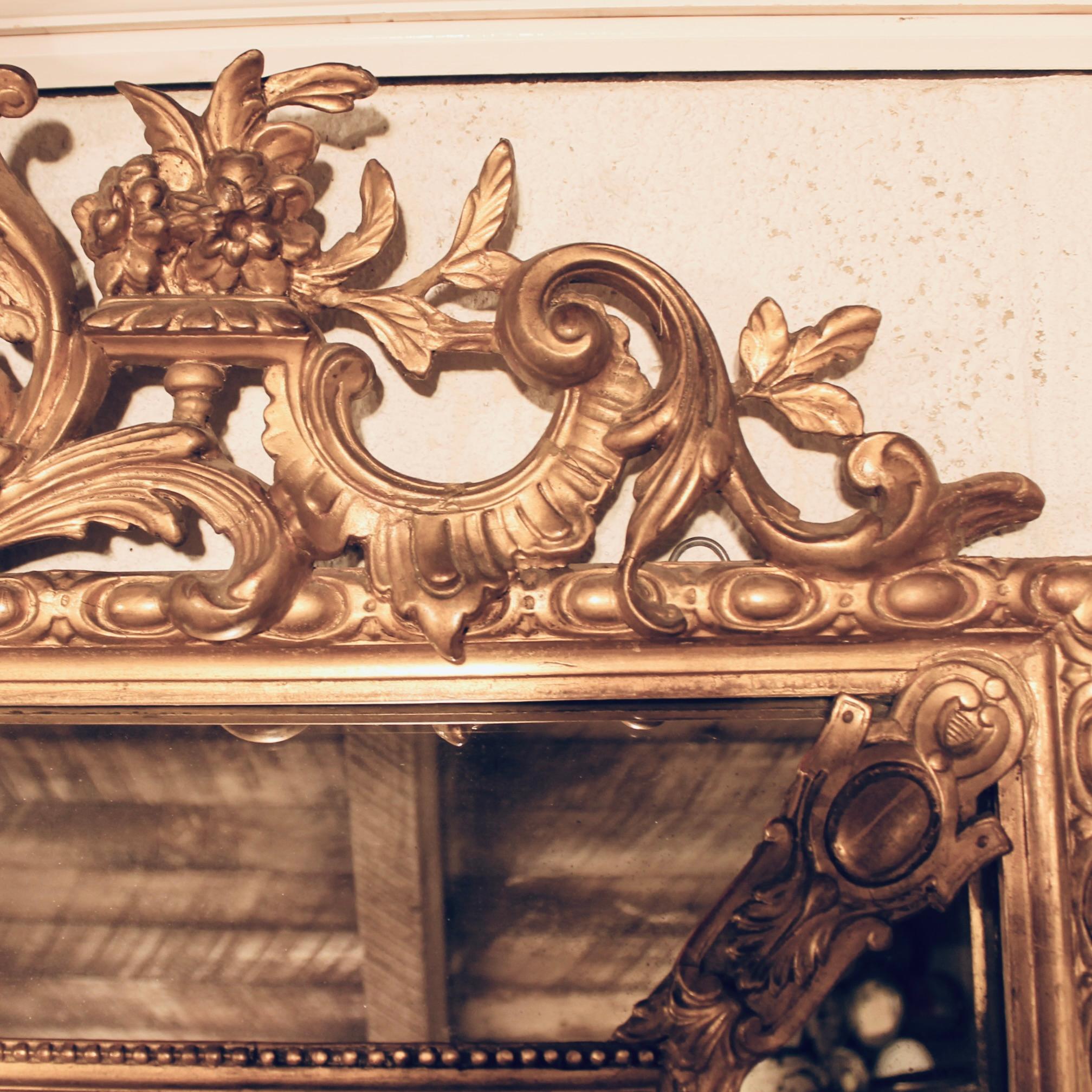 Carved Large French  Borderglass Pier Mirror with Rococo Winged Crest, from Nantes For Sale