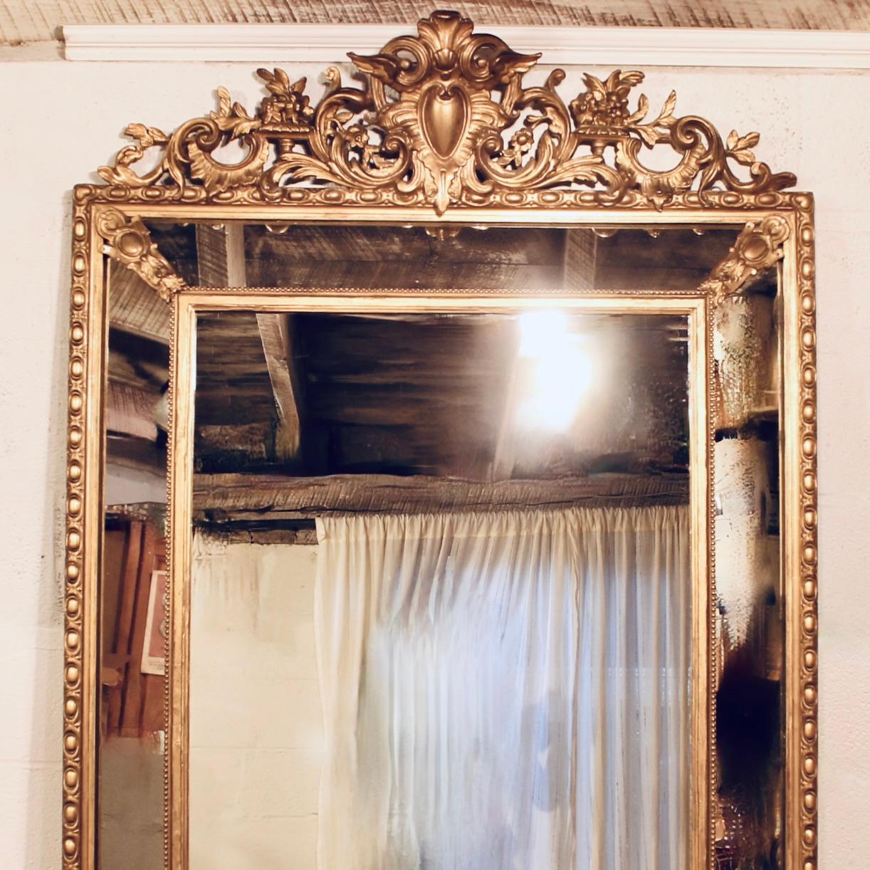19th Century Large French  Borderglass Pier Mirror with Rococo Winged Crest, from Nantes For Sale