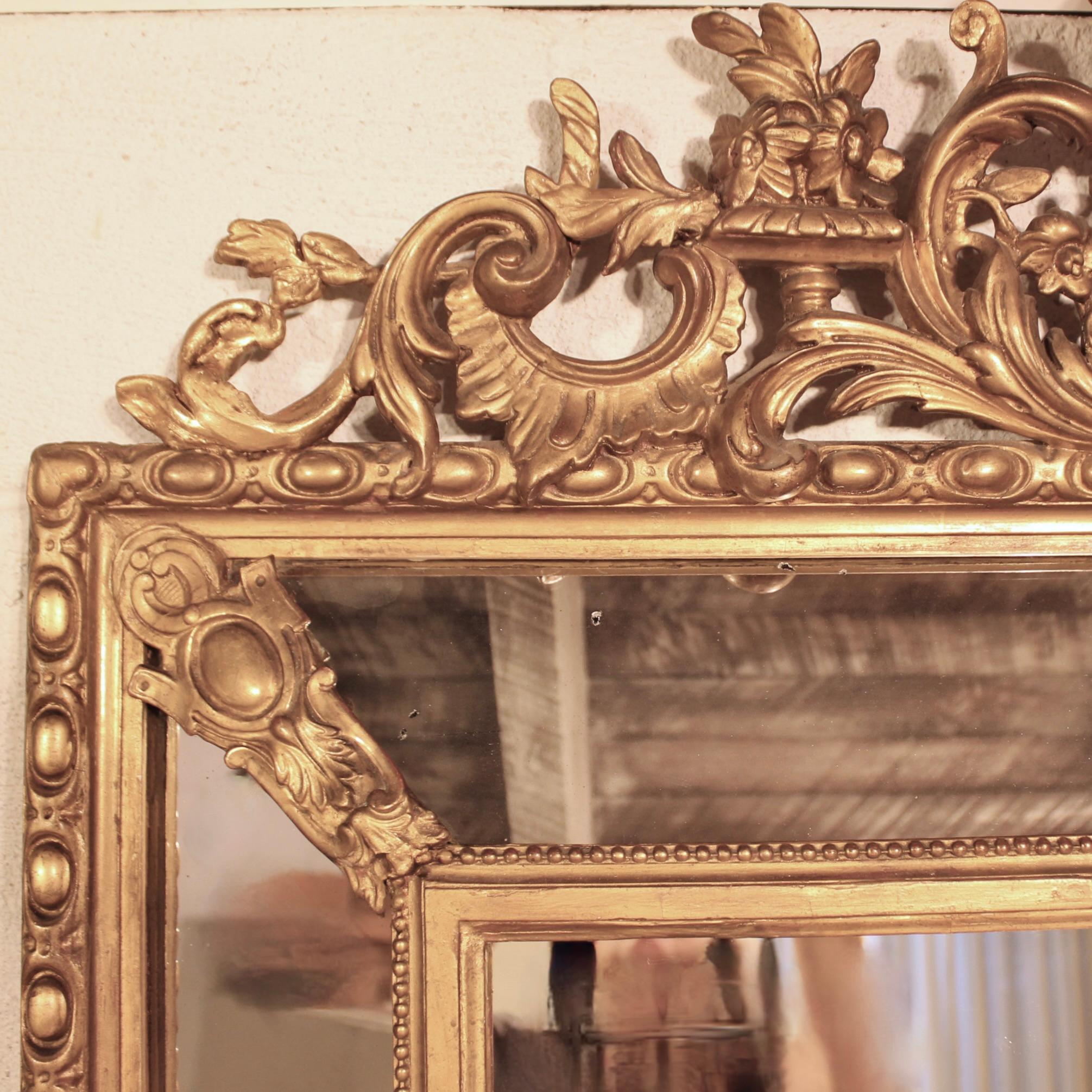 Belle Époque Large French  Borderglass Pier Mirror with Rococo Winged Crest, from Nantes For Sale