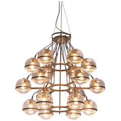 Large French Brass Chandelier with Eighteen-Glass Spheres