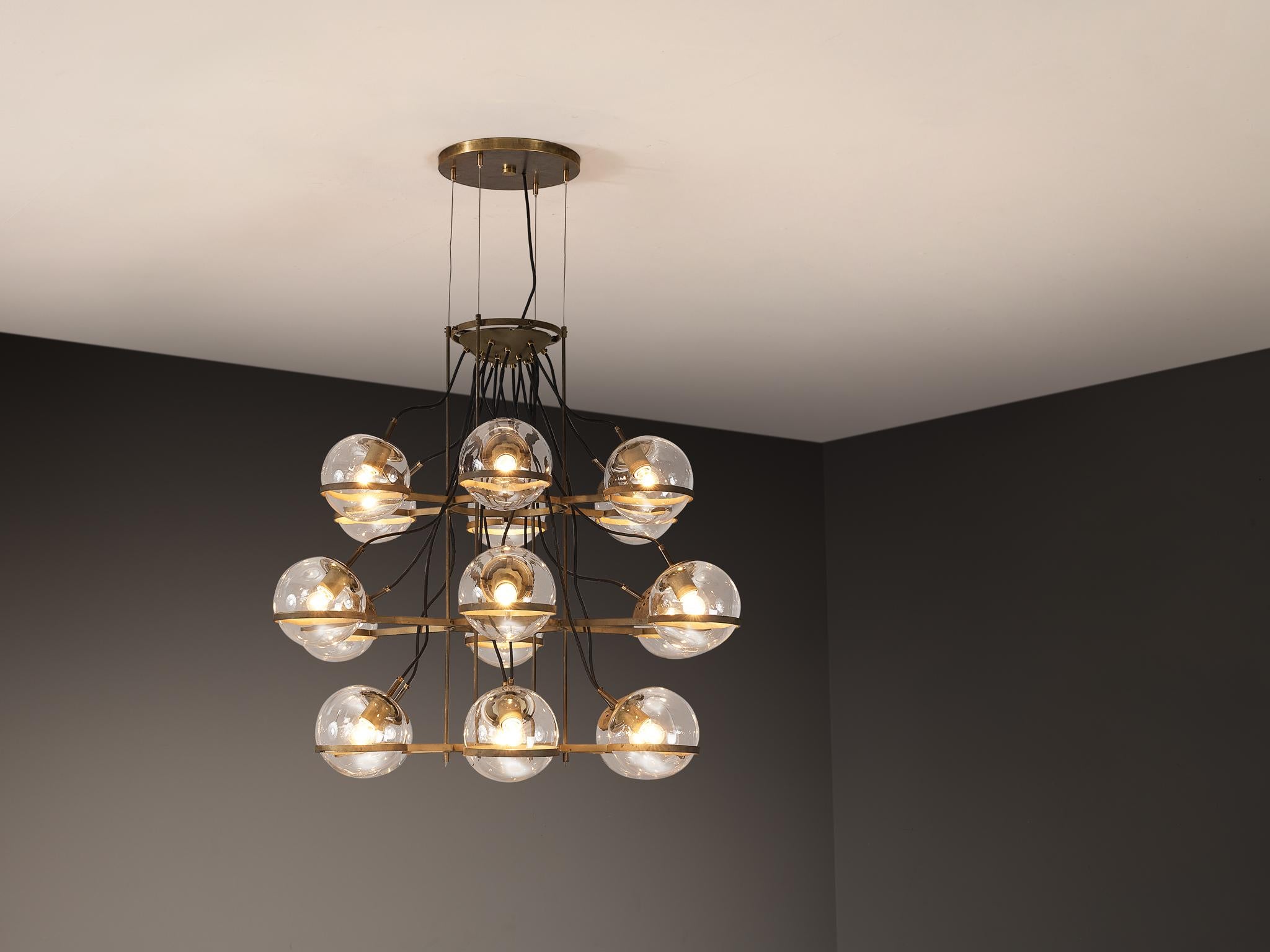 Large French Brass Chandelier with Eighteen Spheres in Glass 5