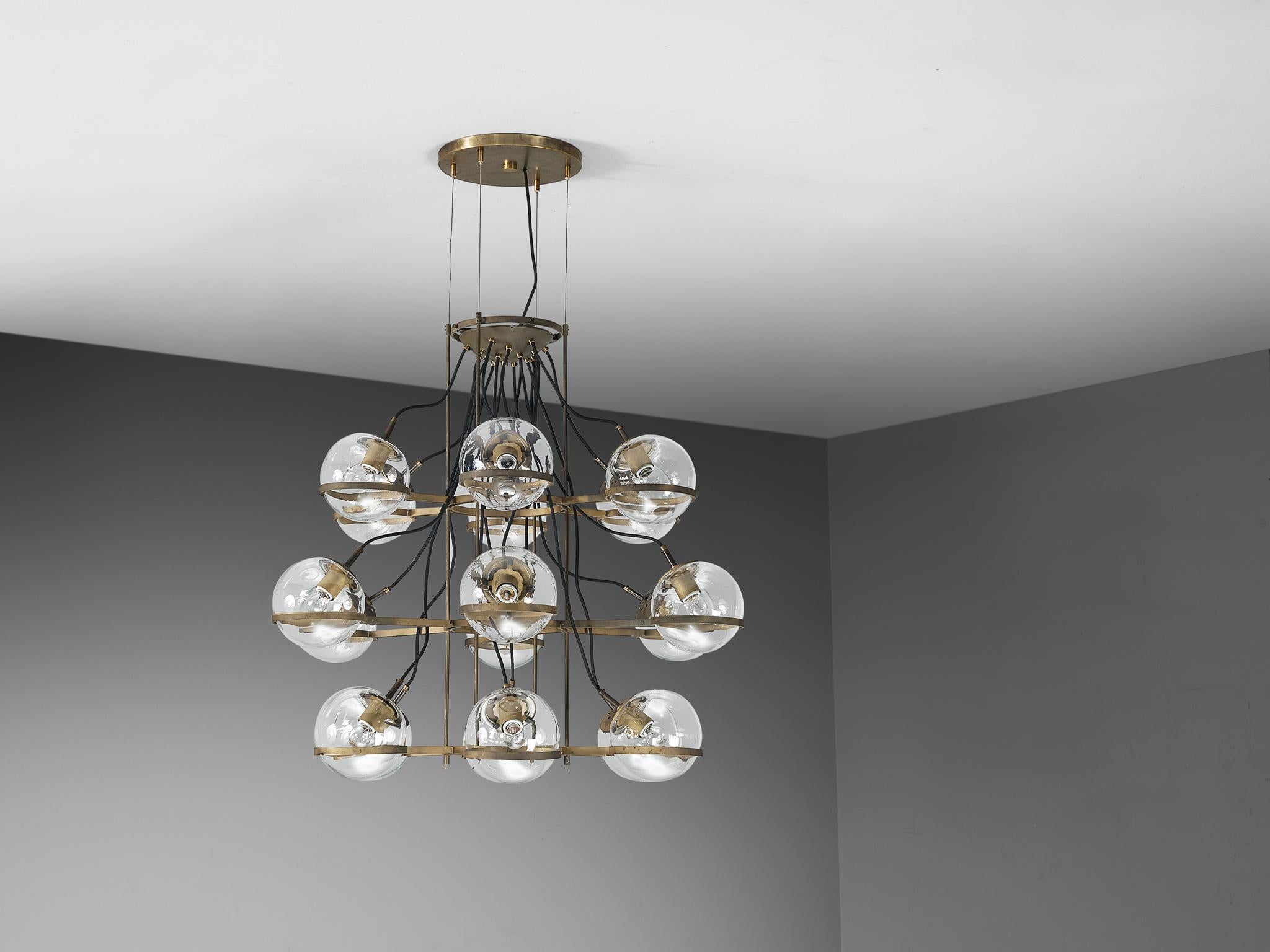 Large French Brass Chandelier with Eighteen Spheres in Glass 6