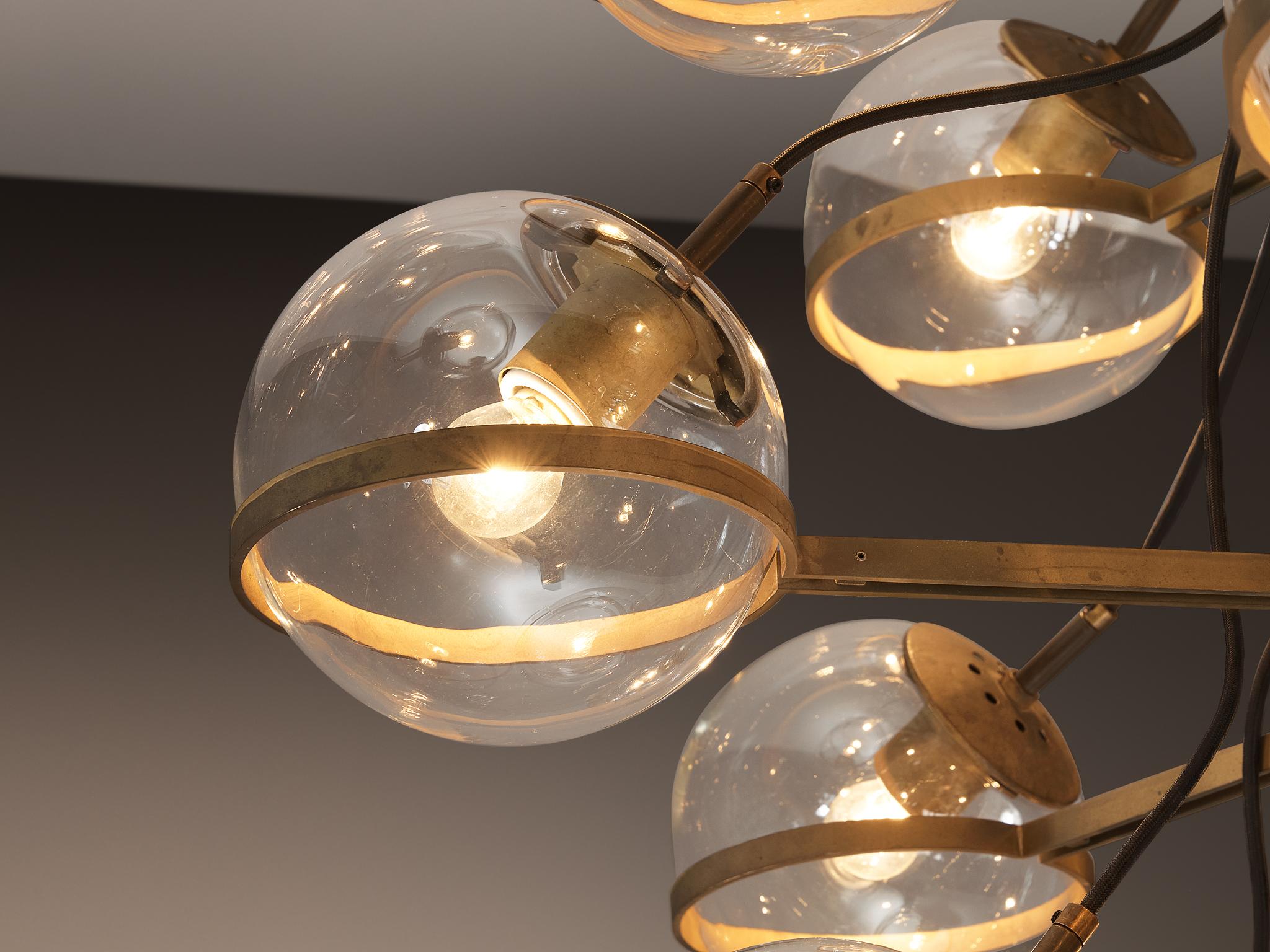 Mid-Century Modern Large French Brass Chandelier with Eighteen Spheres in Glass