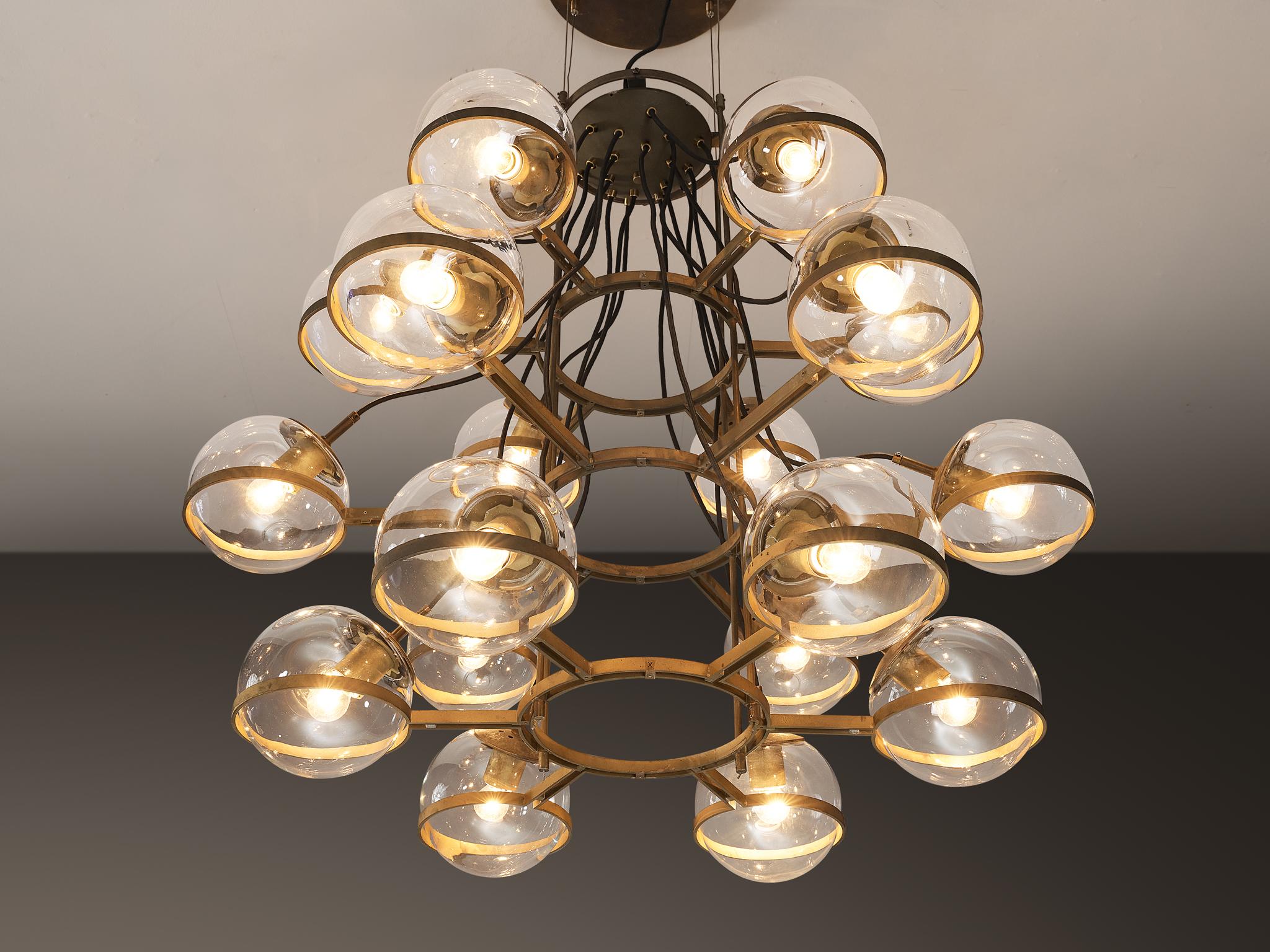 Large French Brass Chandelier with Eighteen Spheres in Glass In Good Condition In Waalwijk, NL