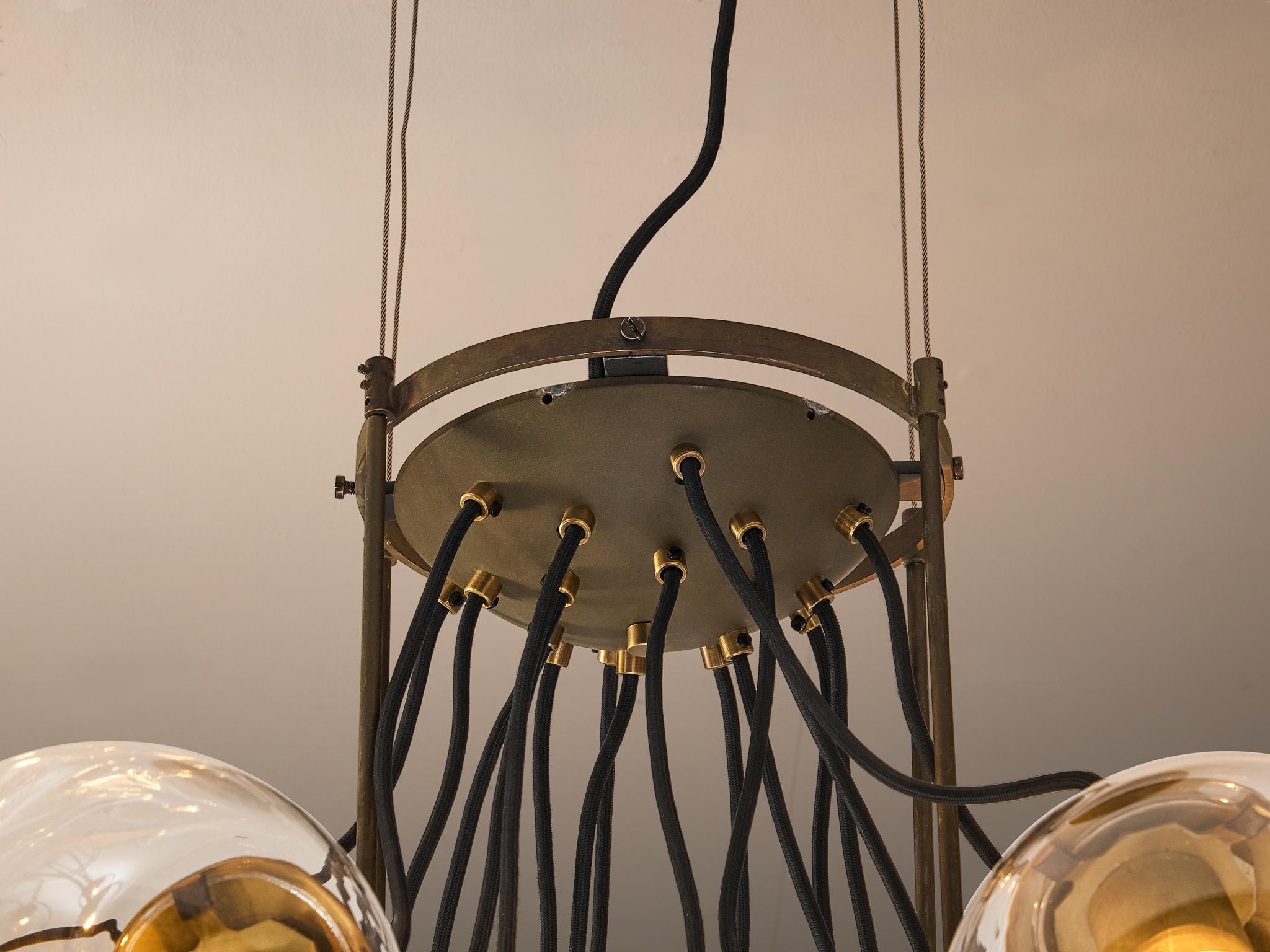 Mid-20th Century Large French Brass Chandelier with Eighteen Spheres in Glass