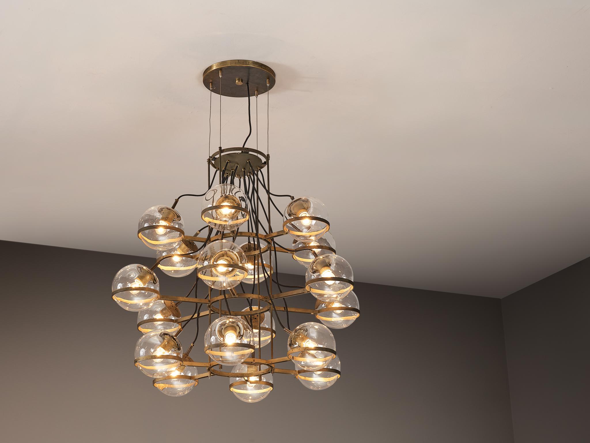 Large French Brass Chandelier with Eighteen Spheres in Glass 1