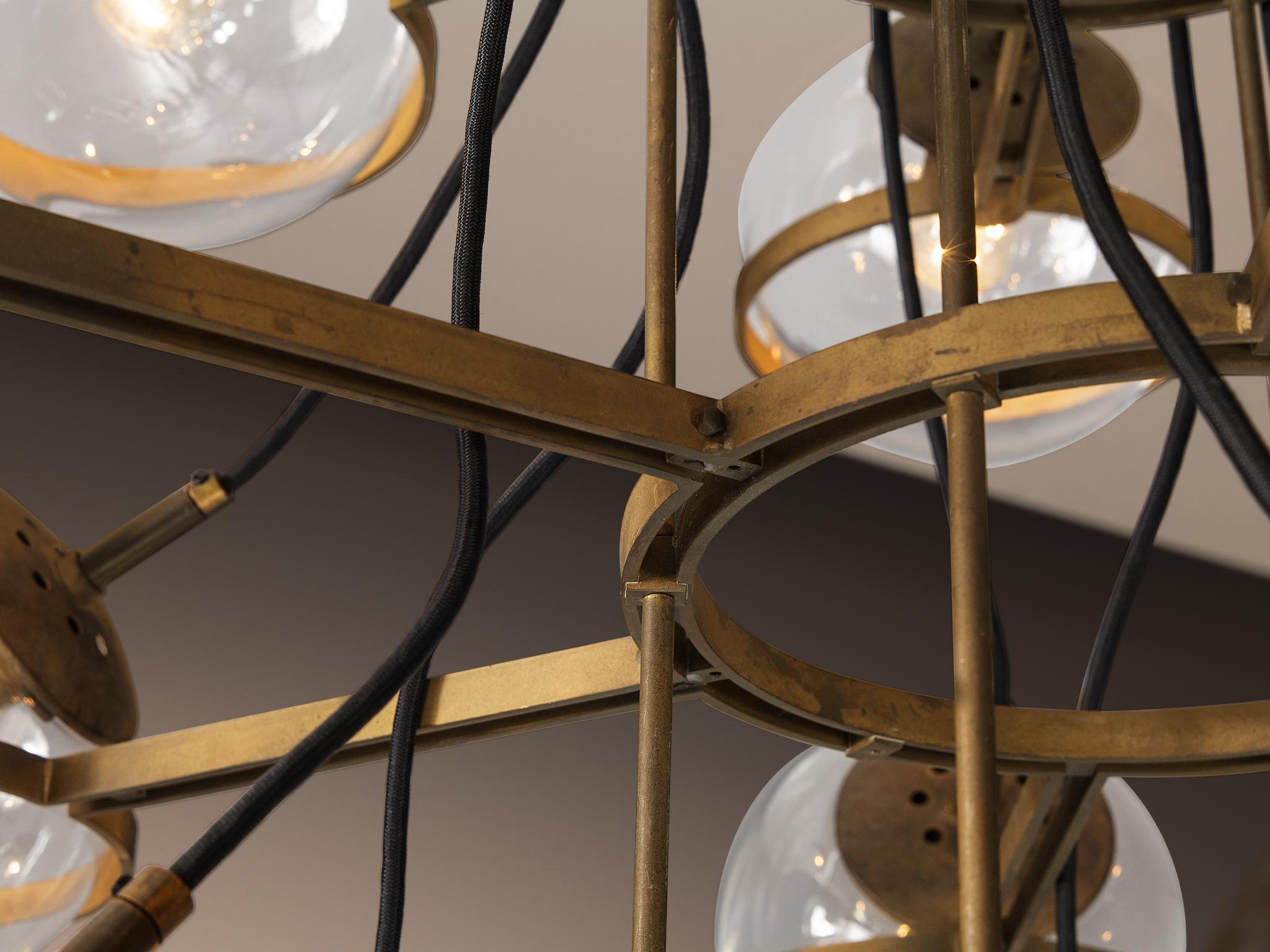 Large French Brass Chandelier with Eighteen Spheres in Glass 2