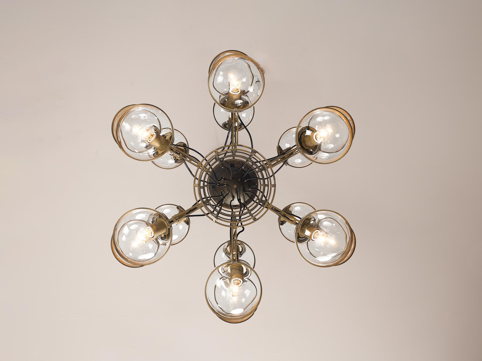 Large French Brass Chandelier with Eighteen Spheres in Glass 4