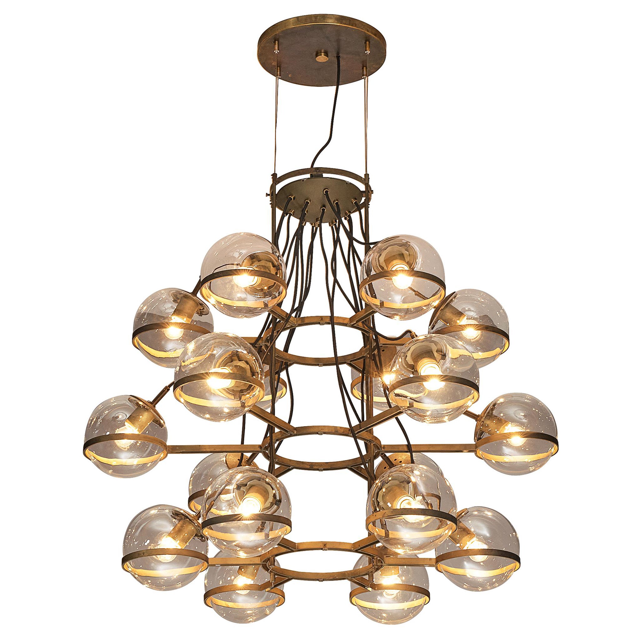 Large French Brass Chandelier with Eighteen Spheres in Glass