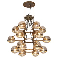 Large French Brass Chandelier with Eighteen Spheres in Glass