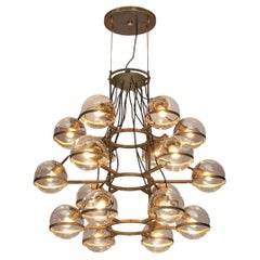 Large French Brass Chandelier with Eighteen Spheres in Glass