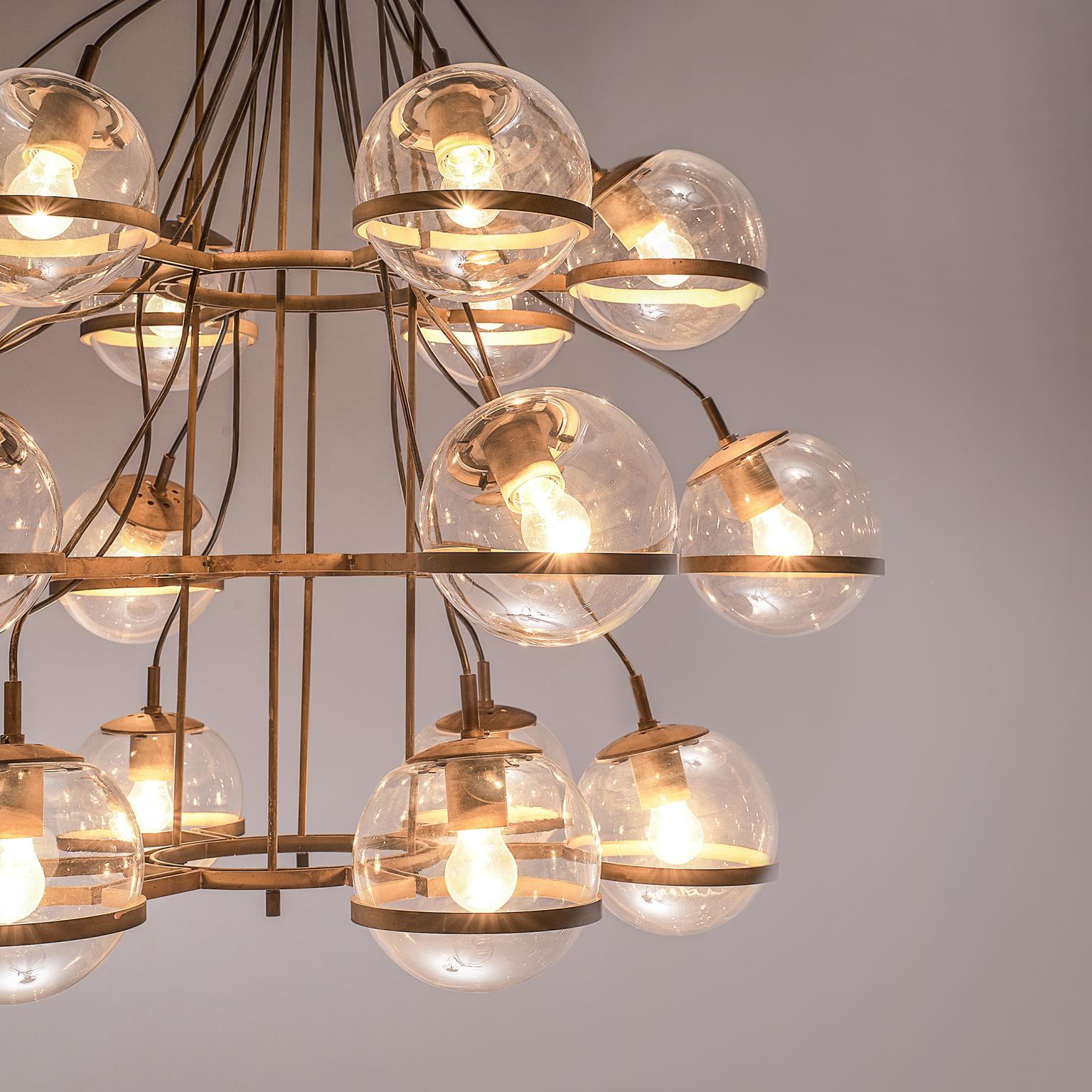 Mid-Century Modern Large French Brass Chandeliers with 18 Spheres in Glass