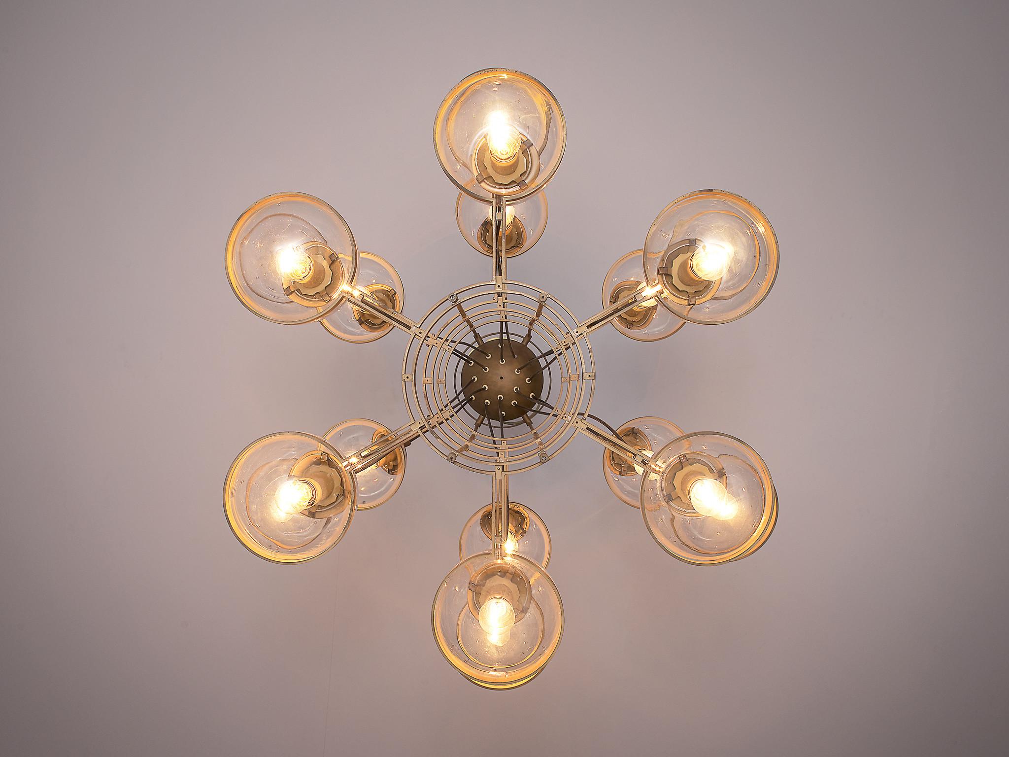 Large French Brass Chandeliers with 18 Spheres in Glass In Good Condition In Waalwijk, NL