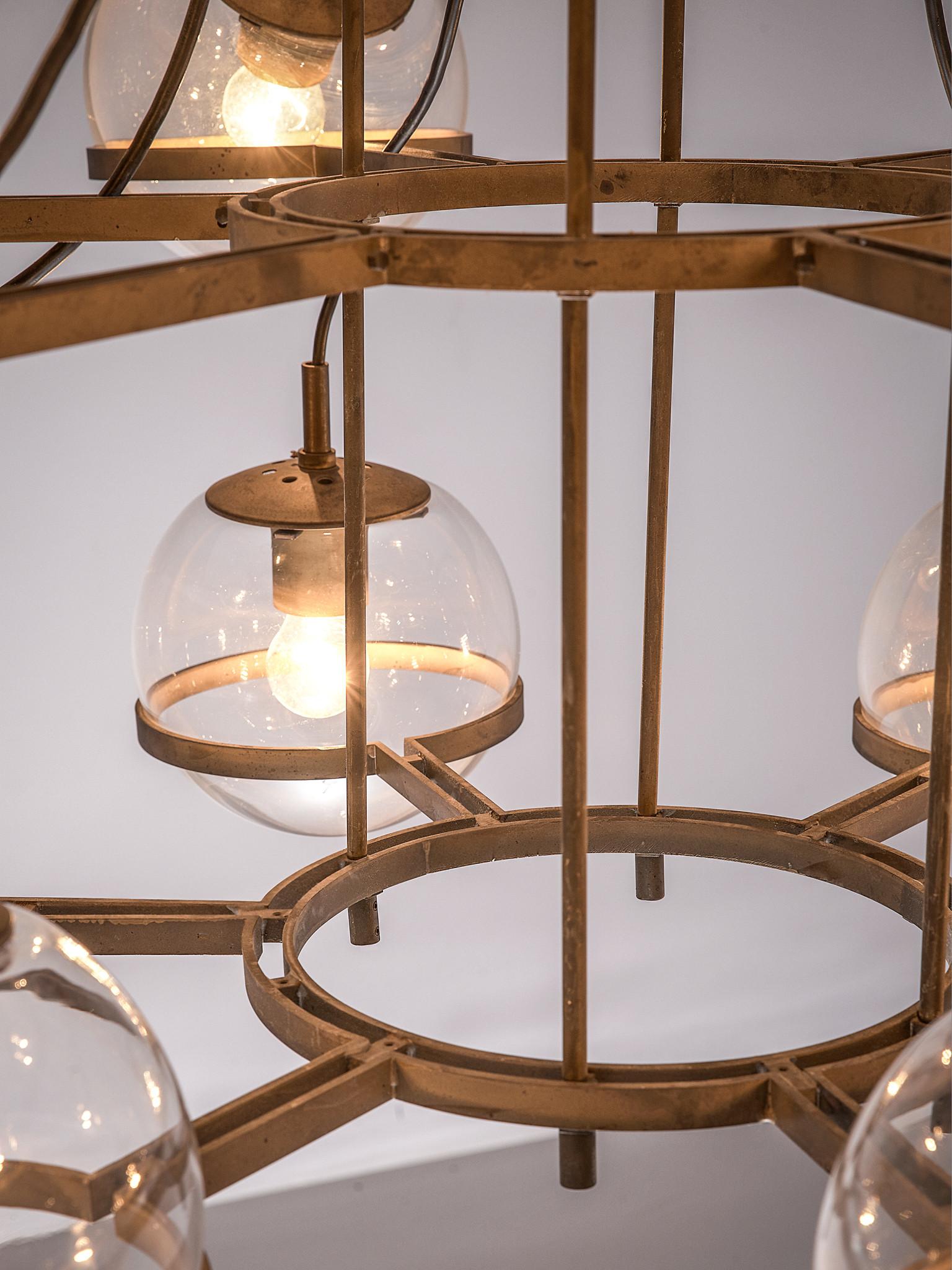 Mid-20th Century Large French Brass Chandeliers with 18 Spheres in Glass