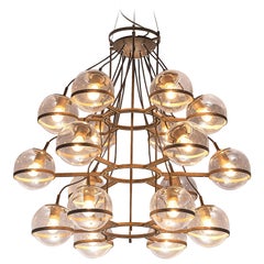 Large French Brass Chandeliers with 18 Spheres in Glass