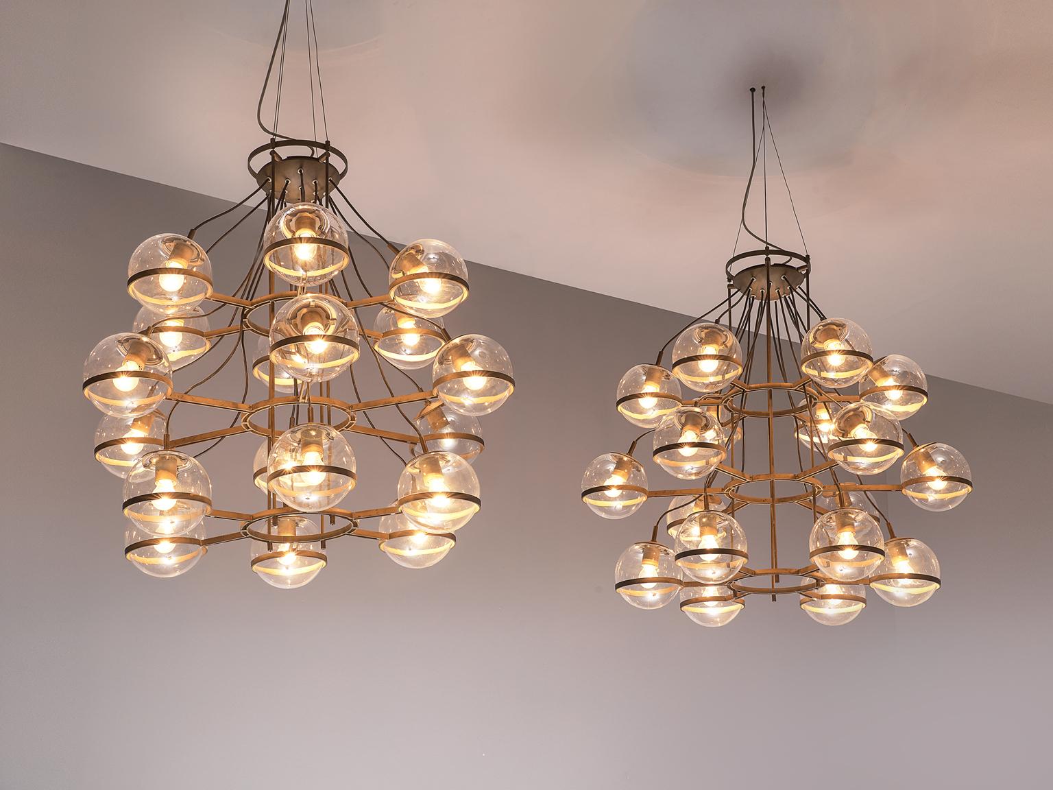 Mid-Century Modern Large French Brass Chandeliers with Eighteen Glass Spheres