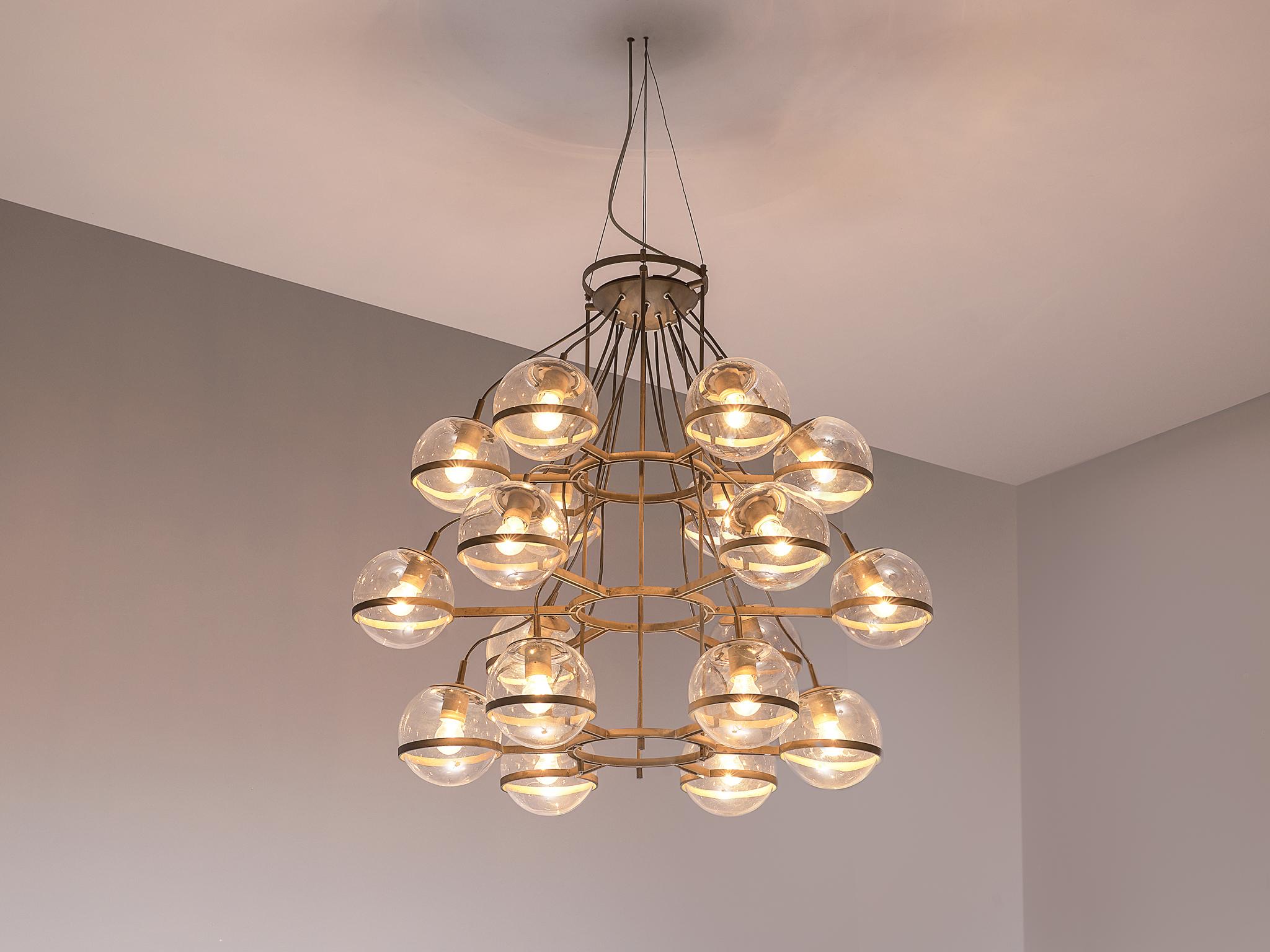 Mid-Century Modern Large French Brass Chandeliers with Eighteen-Glass Spheres