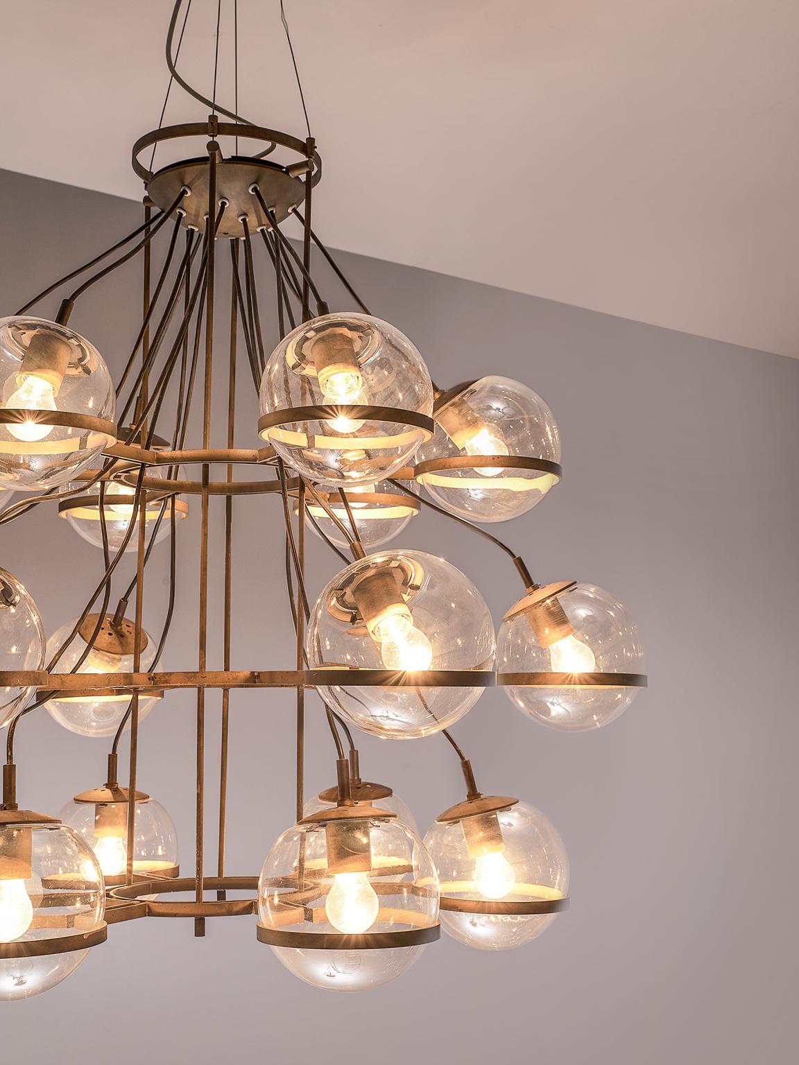 Mid-Century Modern Large French Brass Chandeliers with Eighteen Glass Spheres