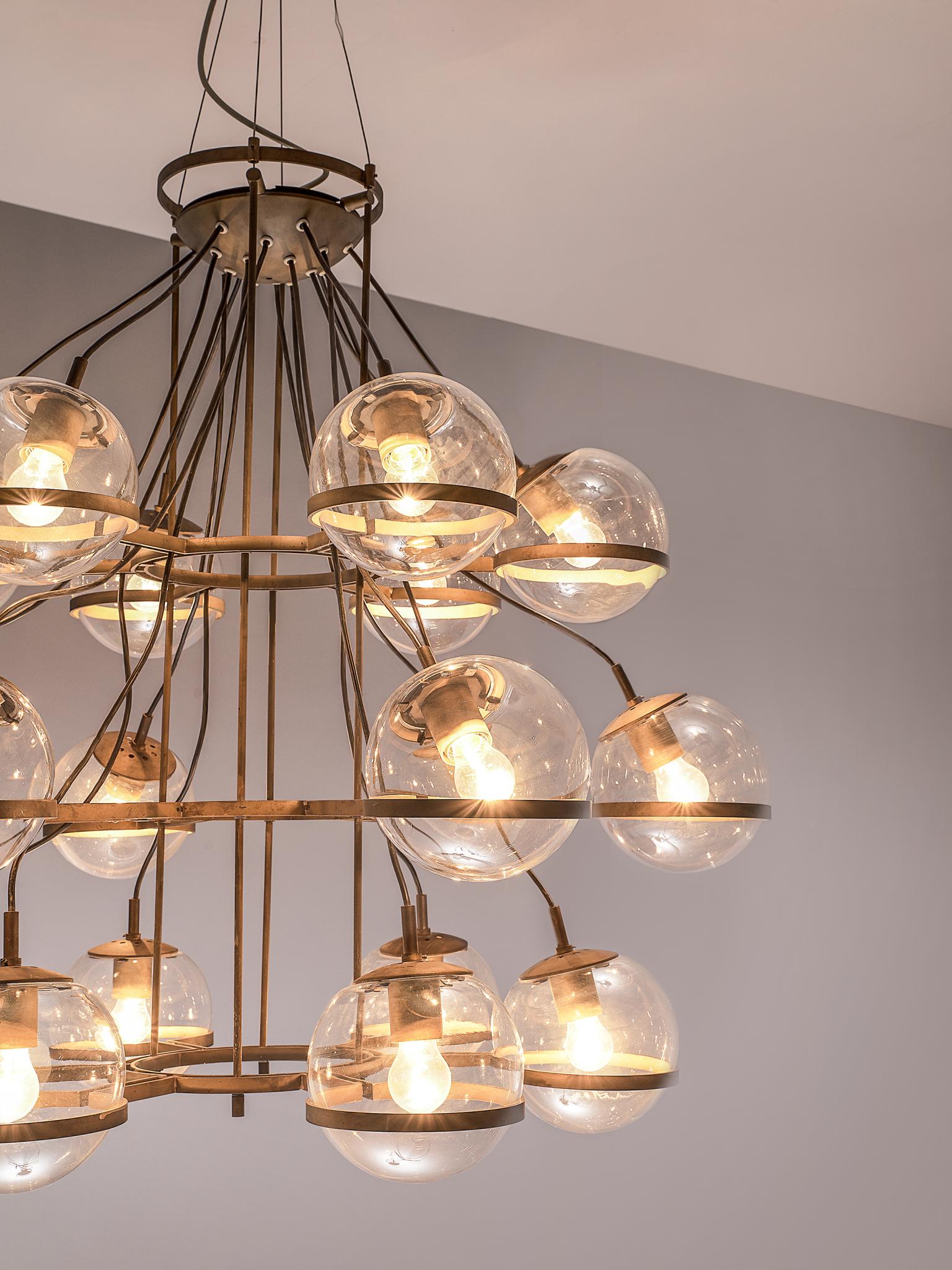 Mid-20th Century Large French Brass Chandeliers with Eighteen-Glass Spheres