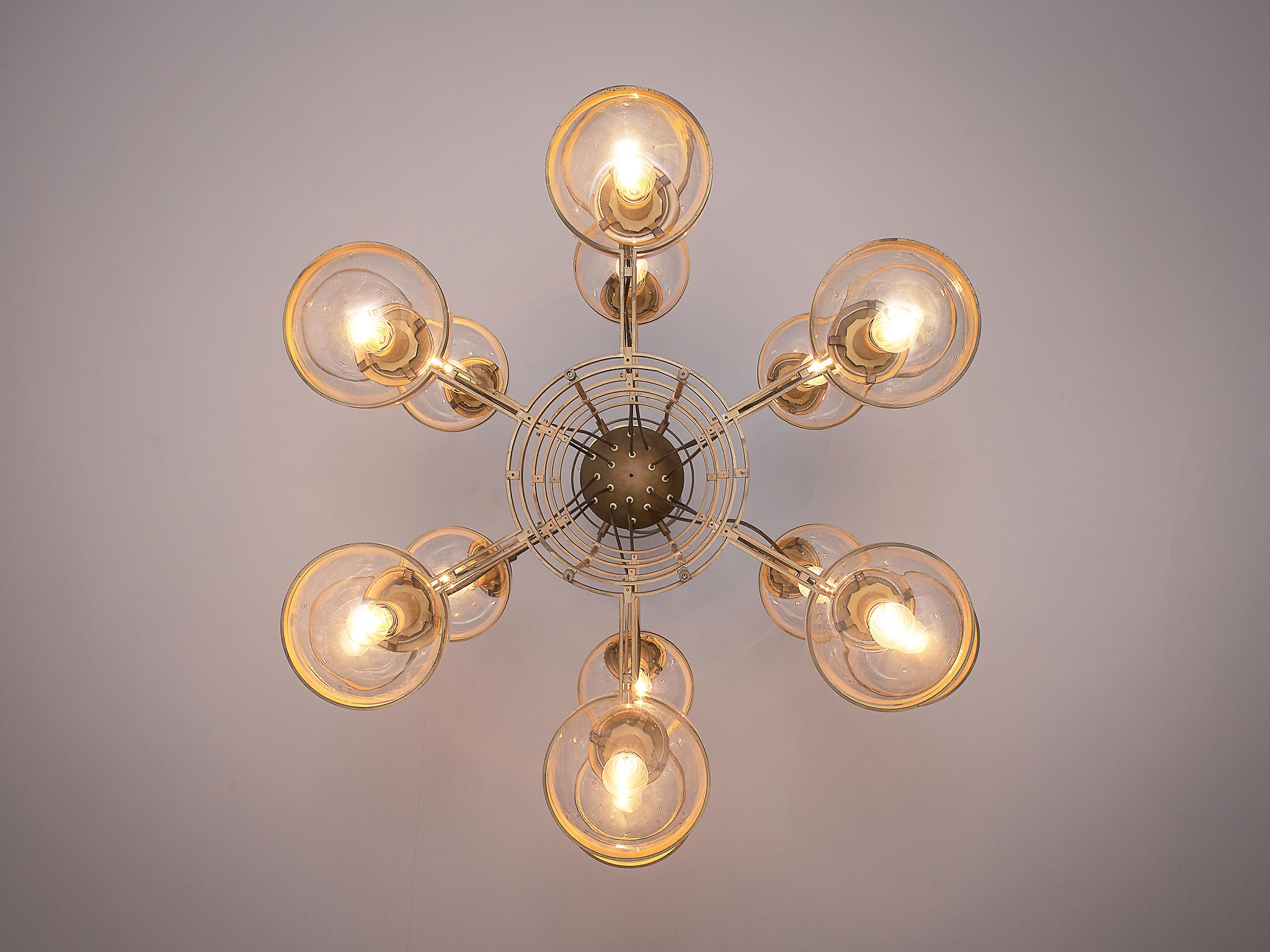 Large French Brass Chandeliers with Eighteen-Glass Spheres 3