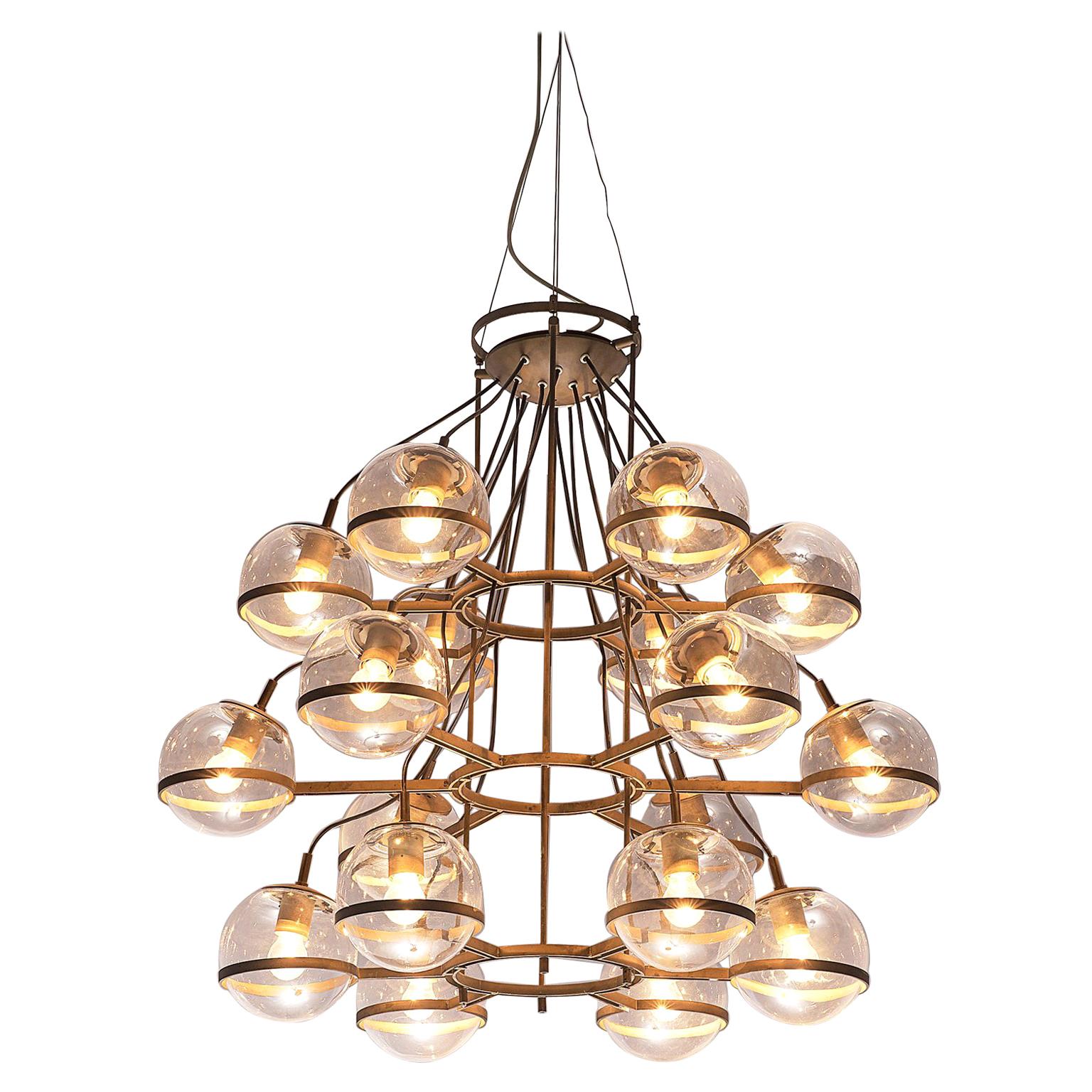 Large French Brass Chandeliers with Eighteen Glass Spheres For Sale at