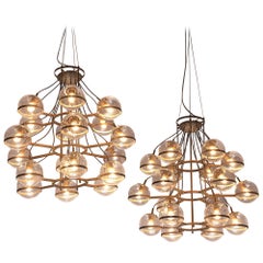 Large French Brass Chandeliers with Eighteen-Glass Spheres