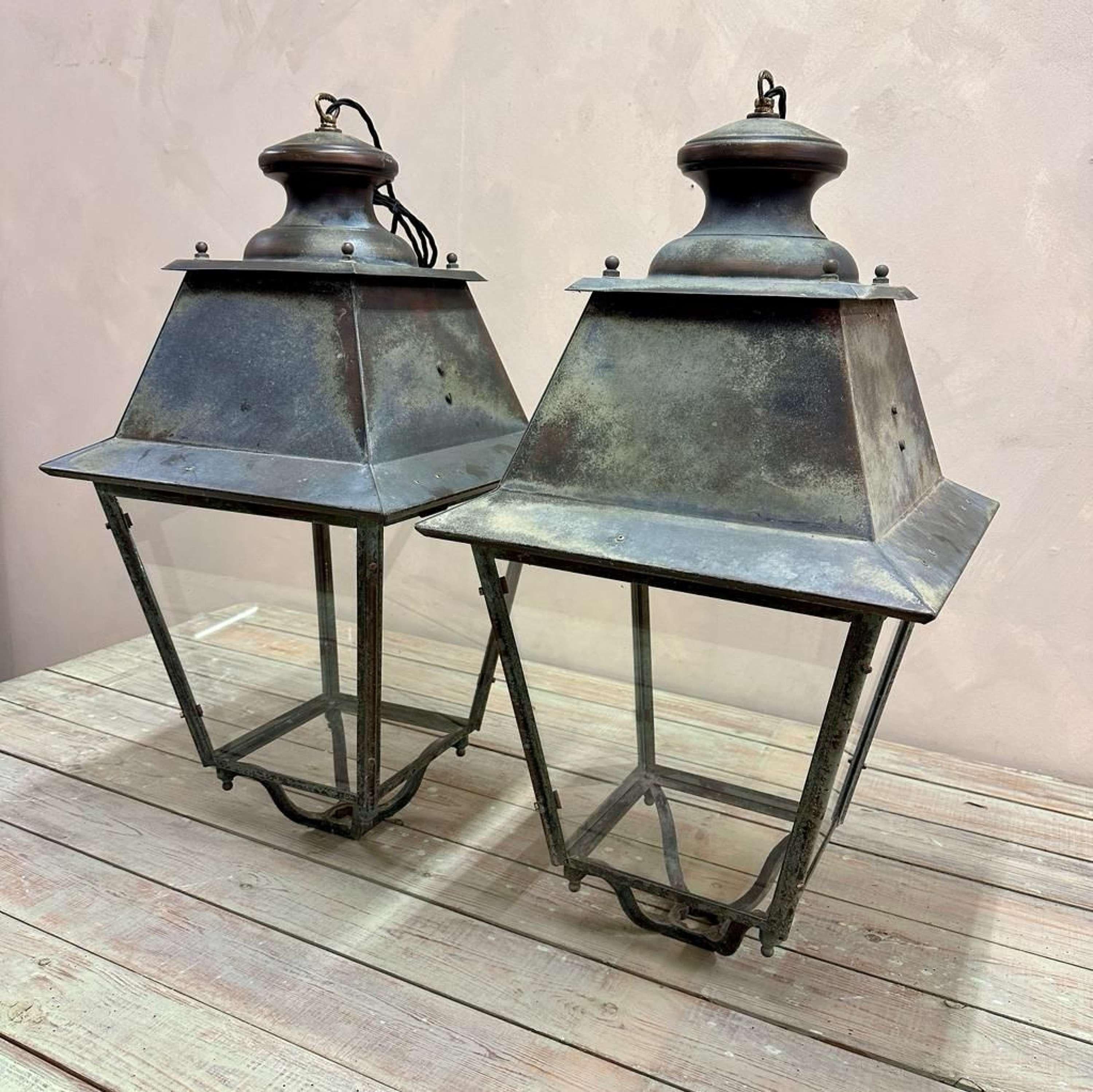  Large French Brass & Copper Lanterns In Distressed Condition In Southampton, GB
