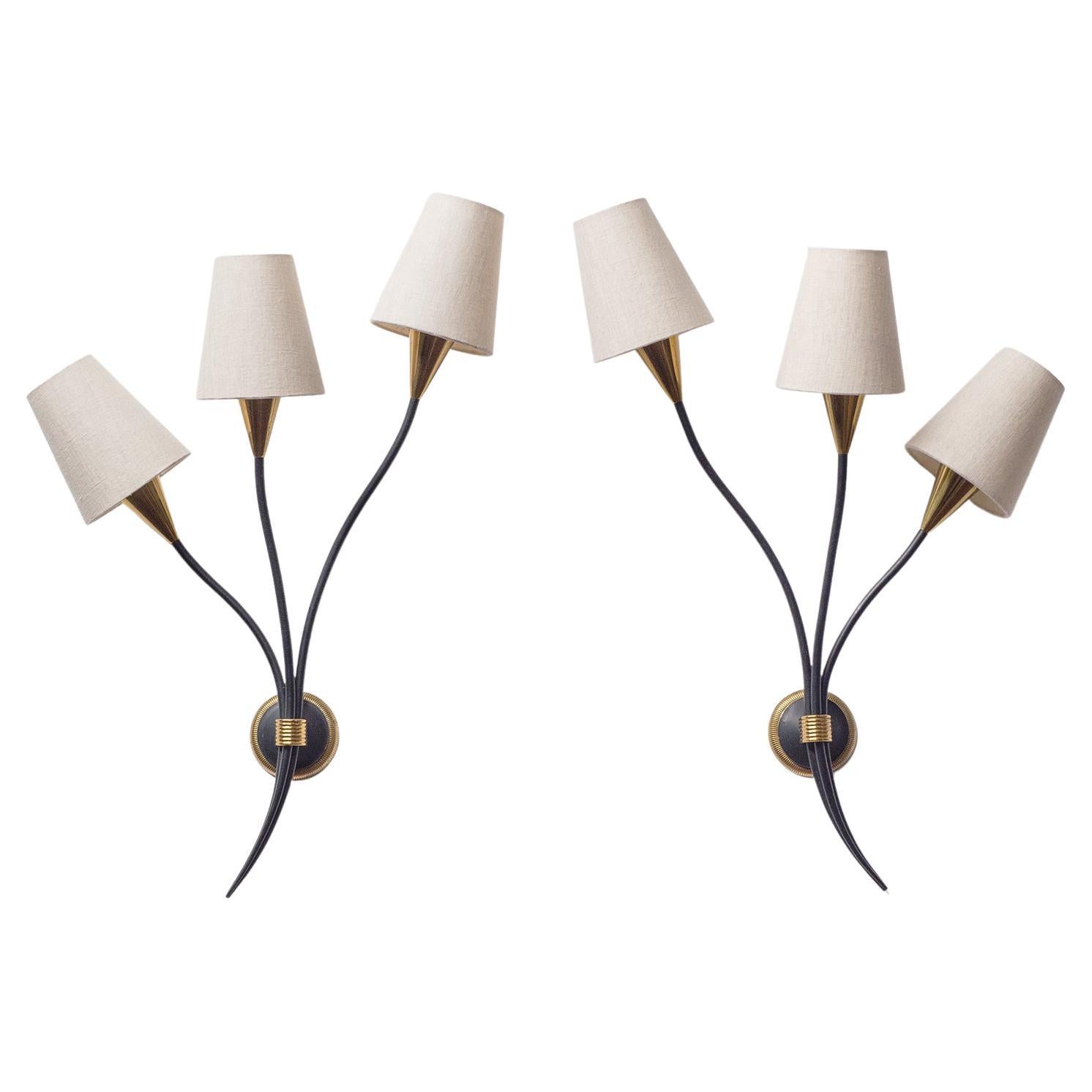 Large French Brass Wall Lights by Arlus, 1950s