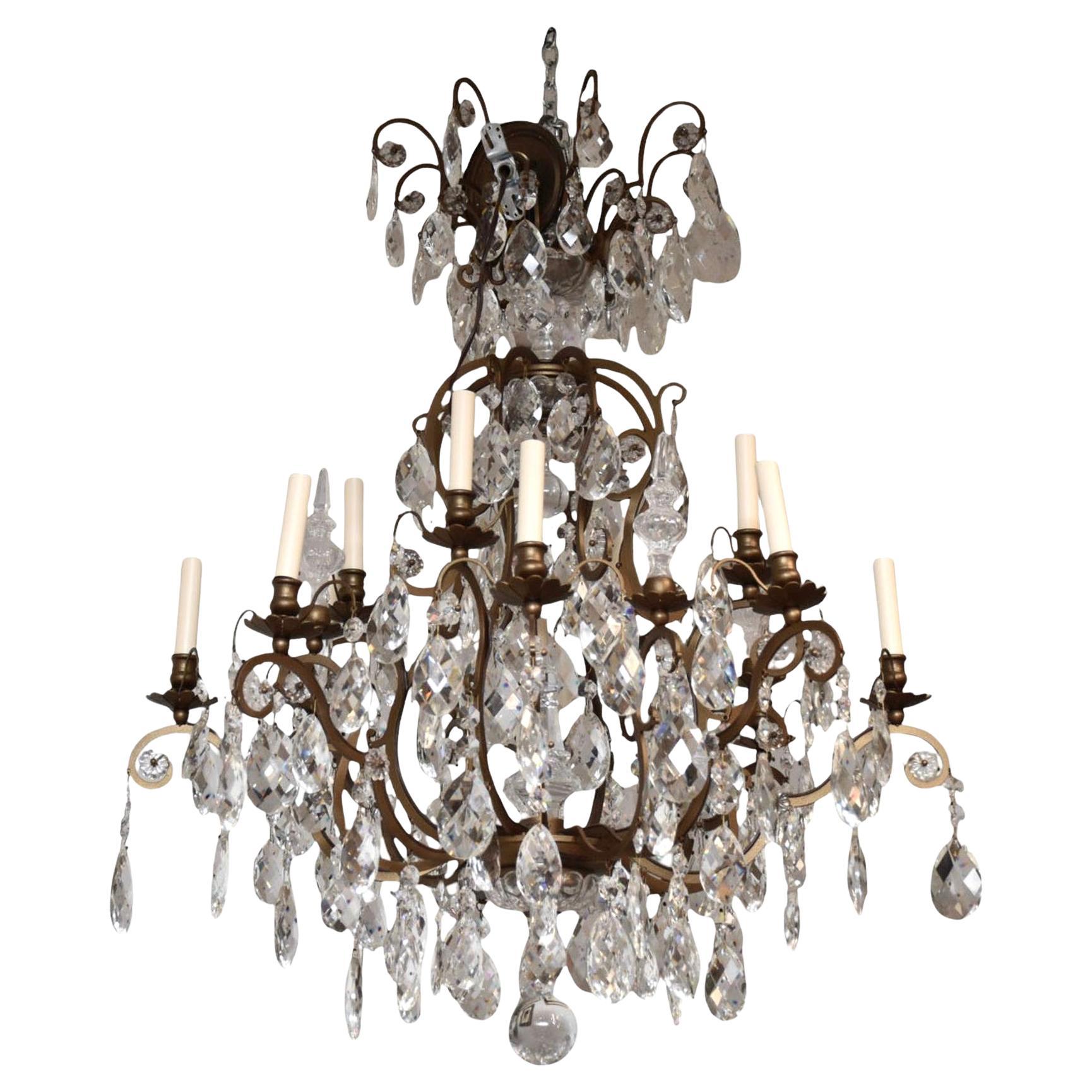Large French Bronze and Crystal Chandelier For Sale