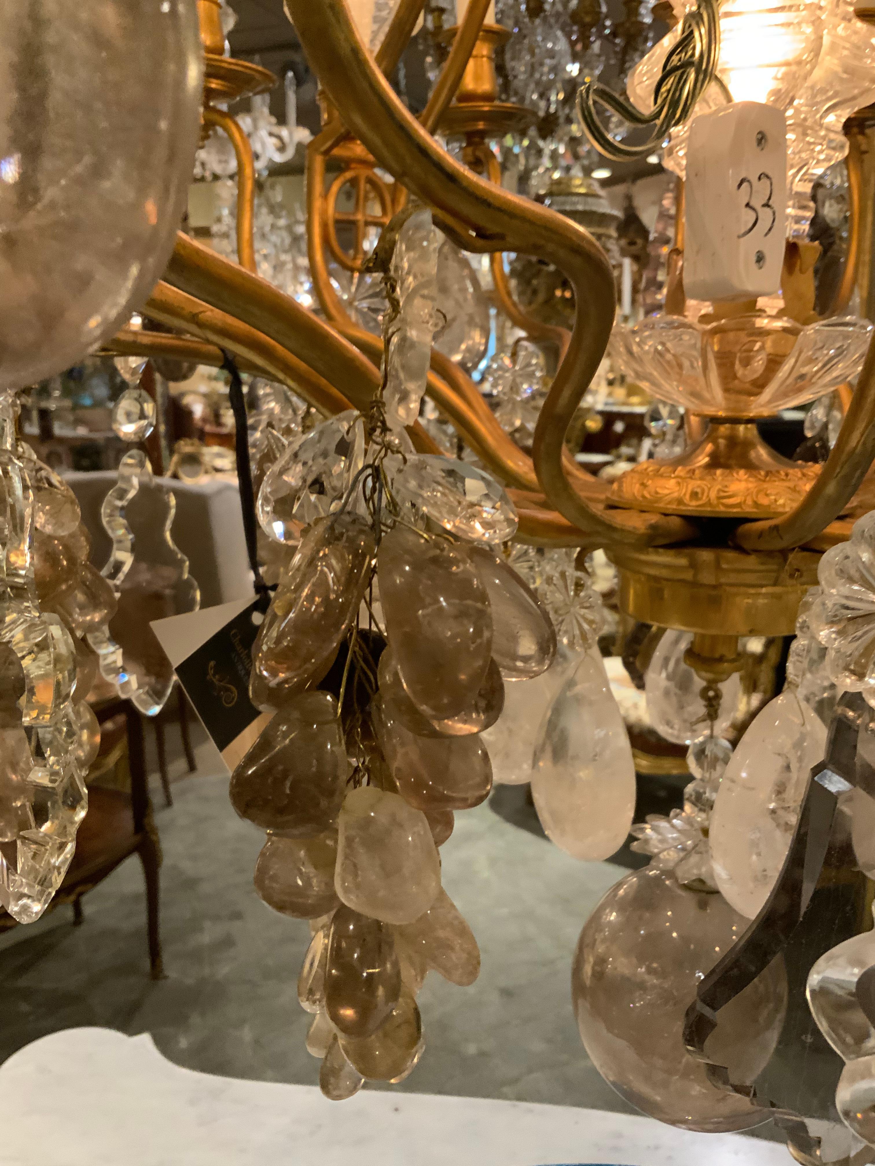 Large French Bronze and Crystal Chandelier with 13 Lights Rock and Smoke Crystal 6