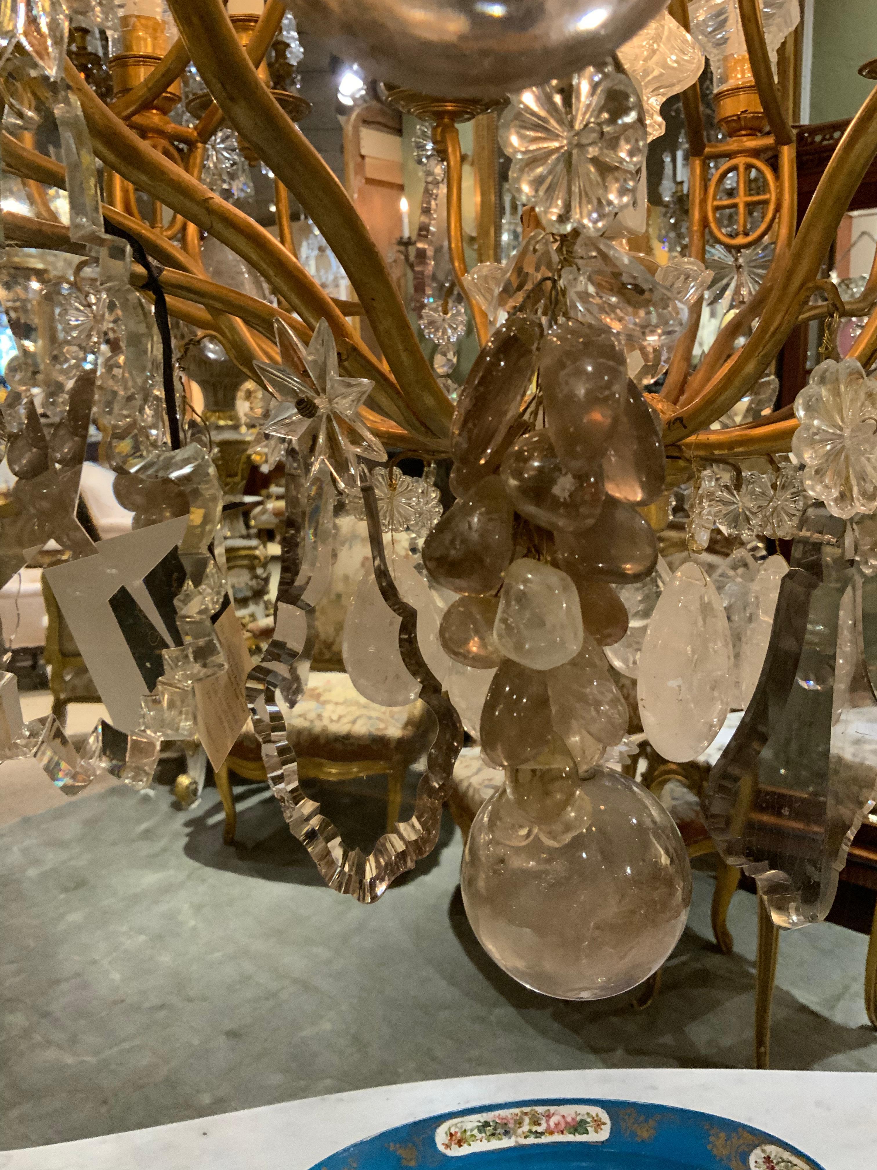 Large French Bronze and Crystal Chandelier with 13 Lights Rock and Smoke Crystal 7