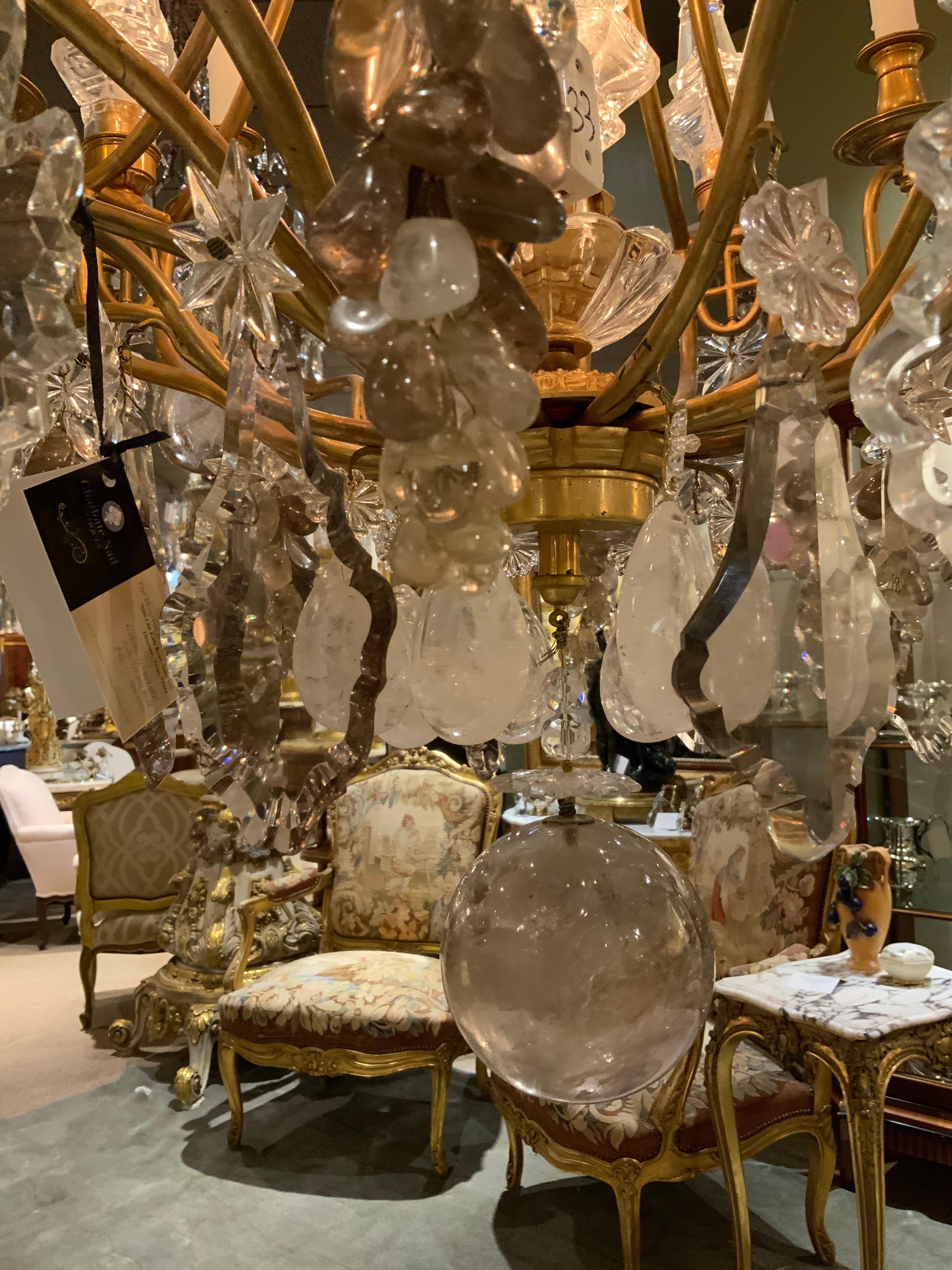 Large French Bronze and Crystal Chandelier with 13 Lights Rock and Smoke Crystal 8