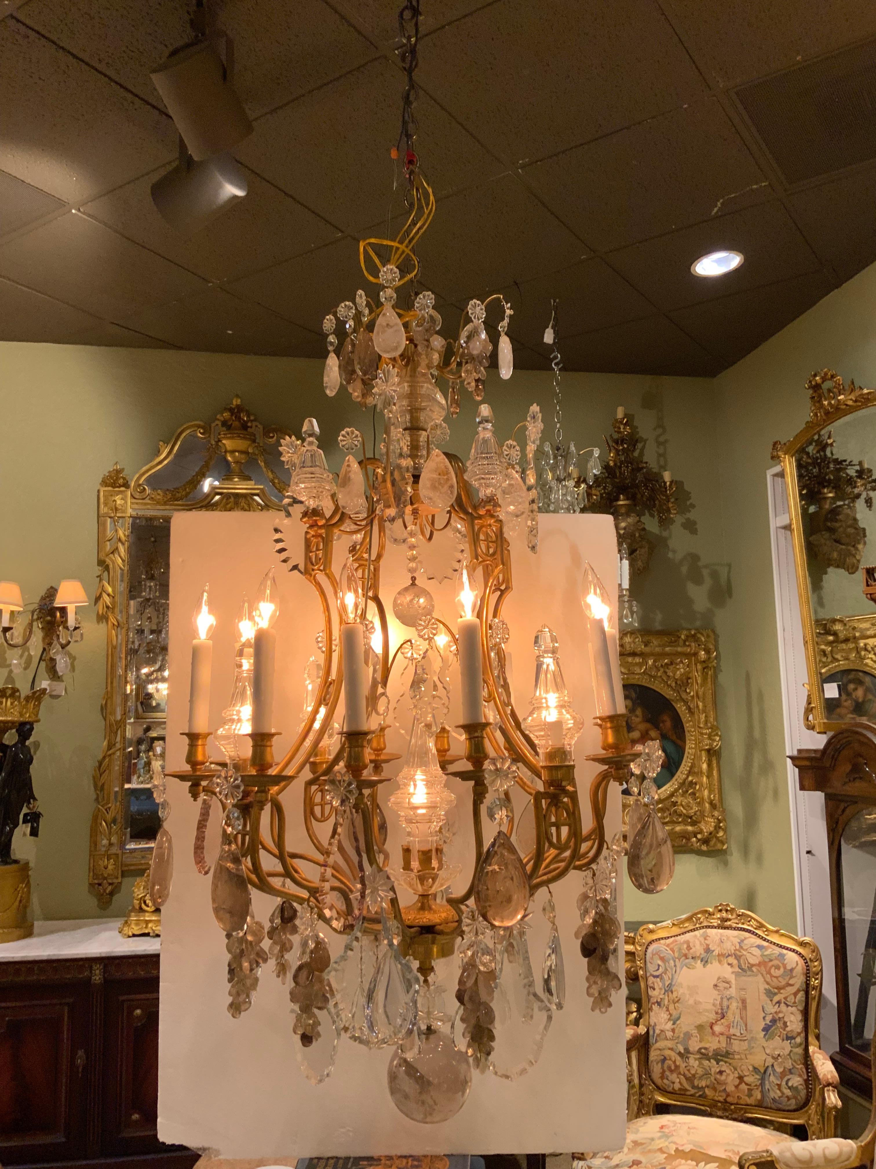 Large French Bronze and Crystal Chandelier with 13 Lights Rock and Smoke Crystal 9