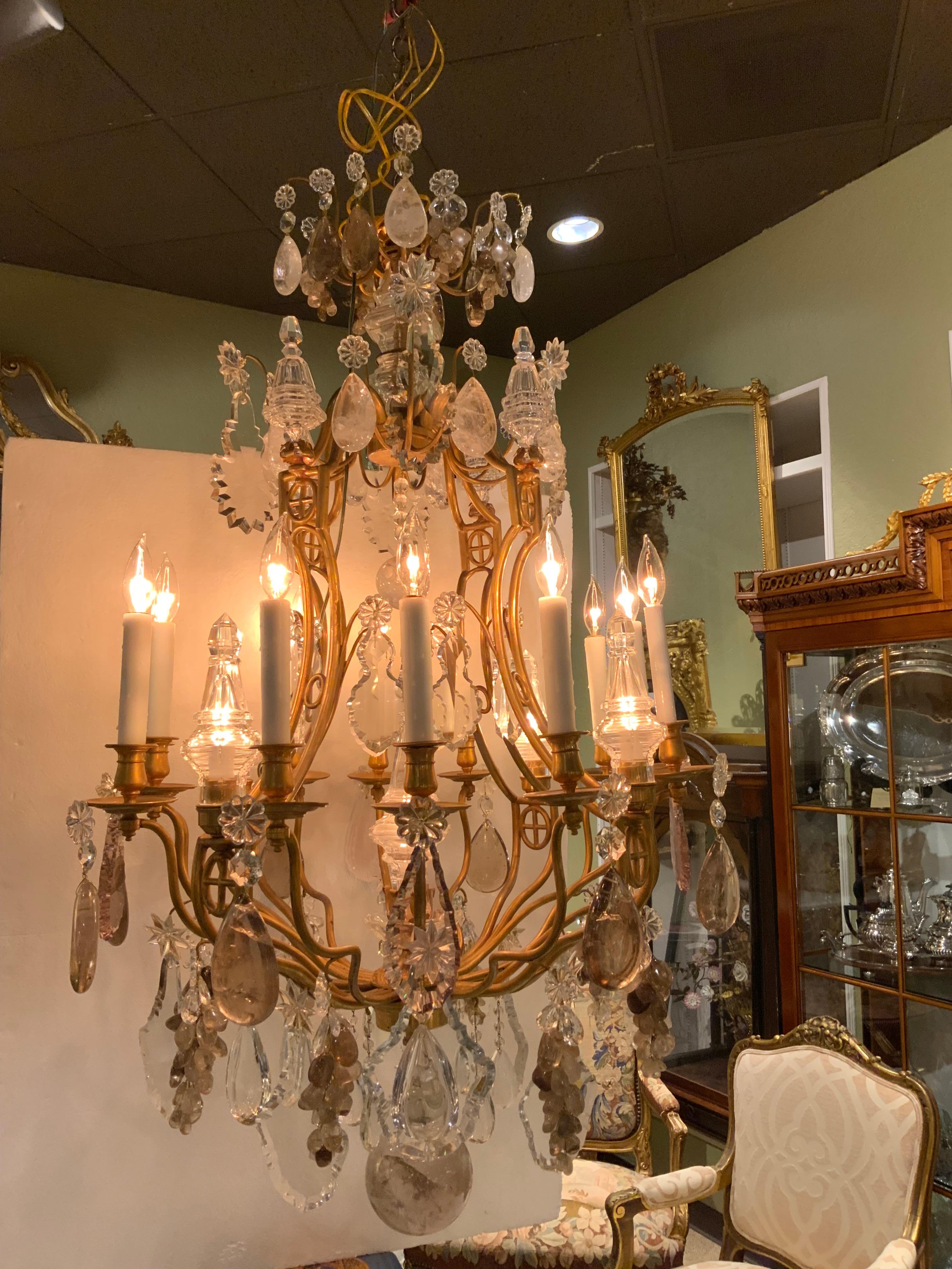 Large French Bronze and Crystal Chandelier with 13 Lights Rock and Smoke Crystal 10