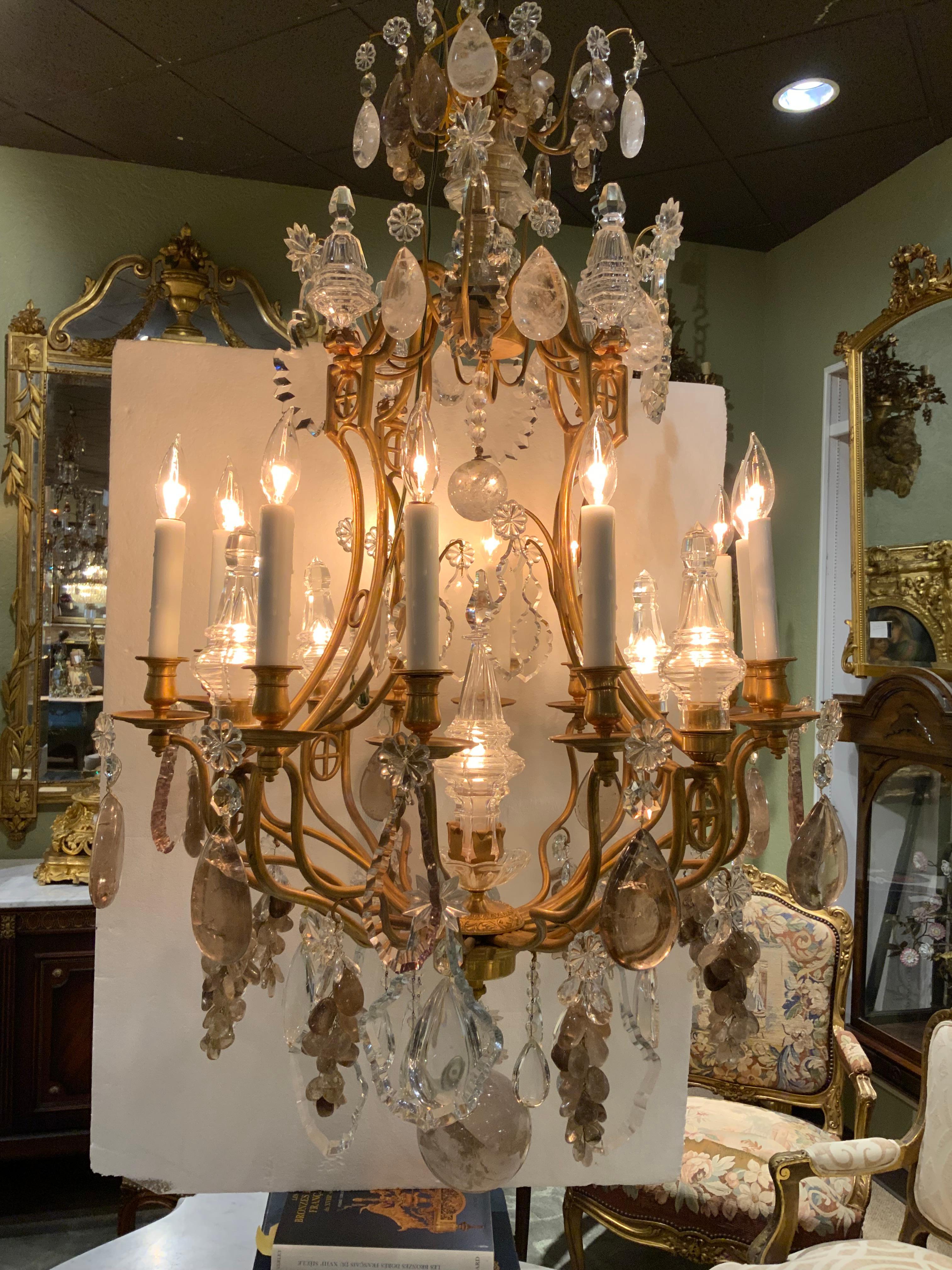 Large French Bronze and Crystal Chandelier with 13 Lights Rock and Smoke Crystal 11