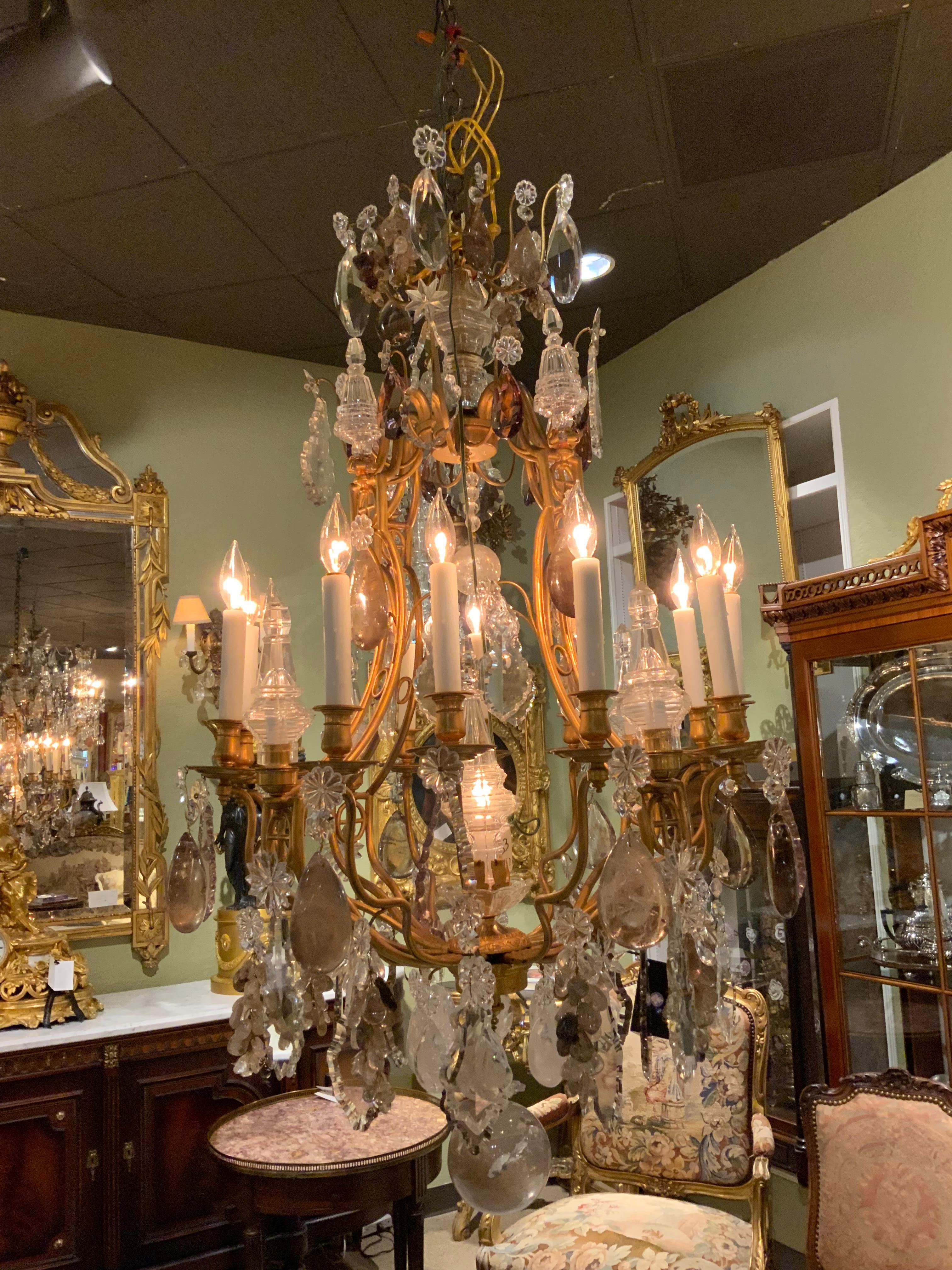 The gilt bronze frame is antique with a bright gold patina. The crystal
Is exceptional with a combination of clear, smoke and rock crystal
Combined in a very artistic combination. Clusters of crystal grapes
In rock and smoke hues add interest and