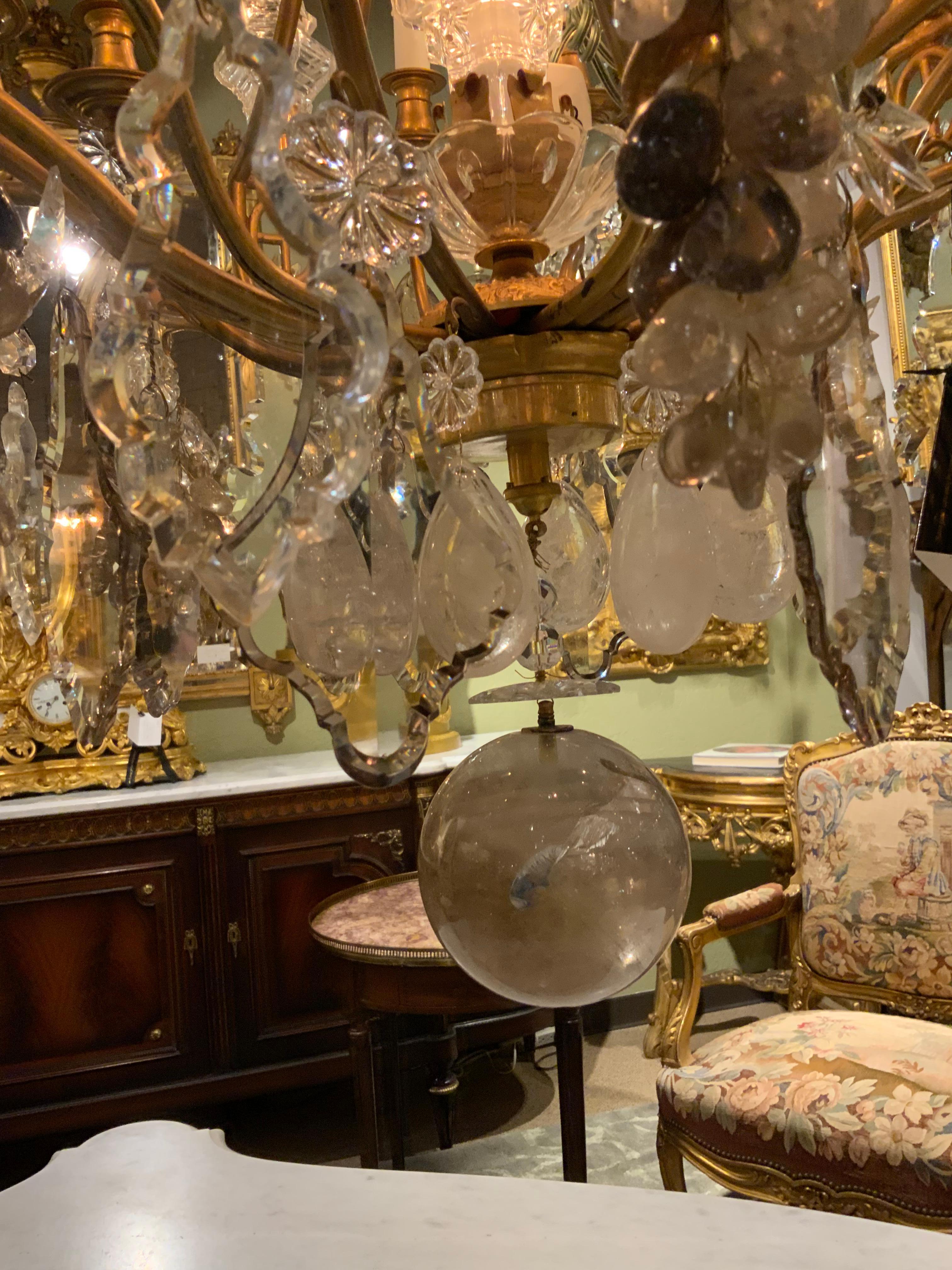 Large French Bronze and Crystal Chandelier with 13 Lights Rock and Smoke Crystal 1