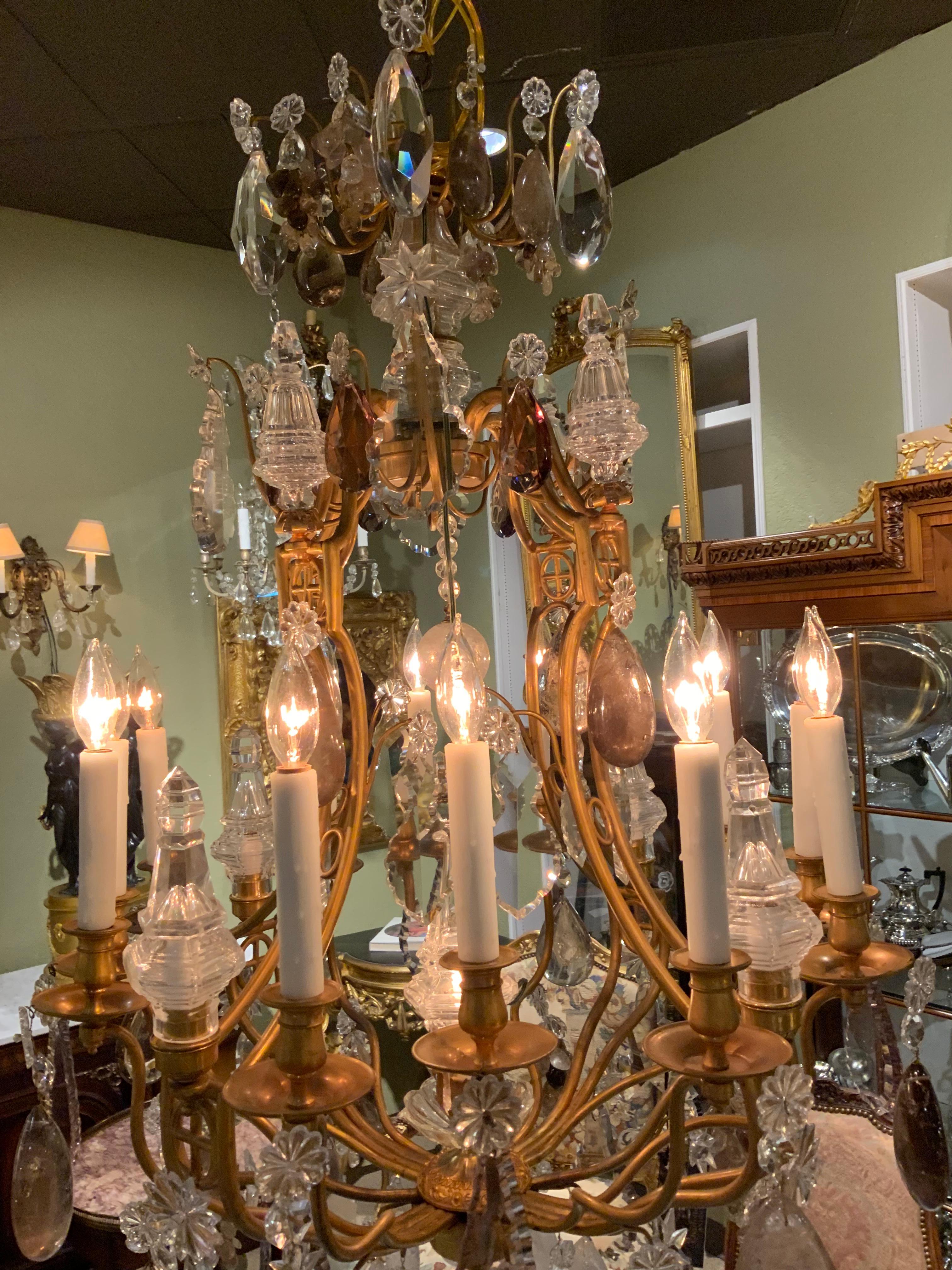 Large French Bronze and Crystal Chandelier with 13 Lights Rock and Smoke Crystal 2