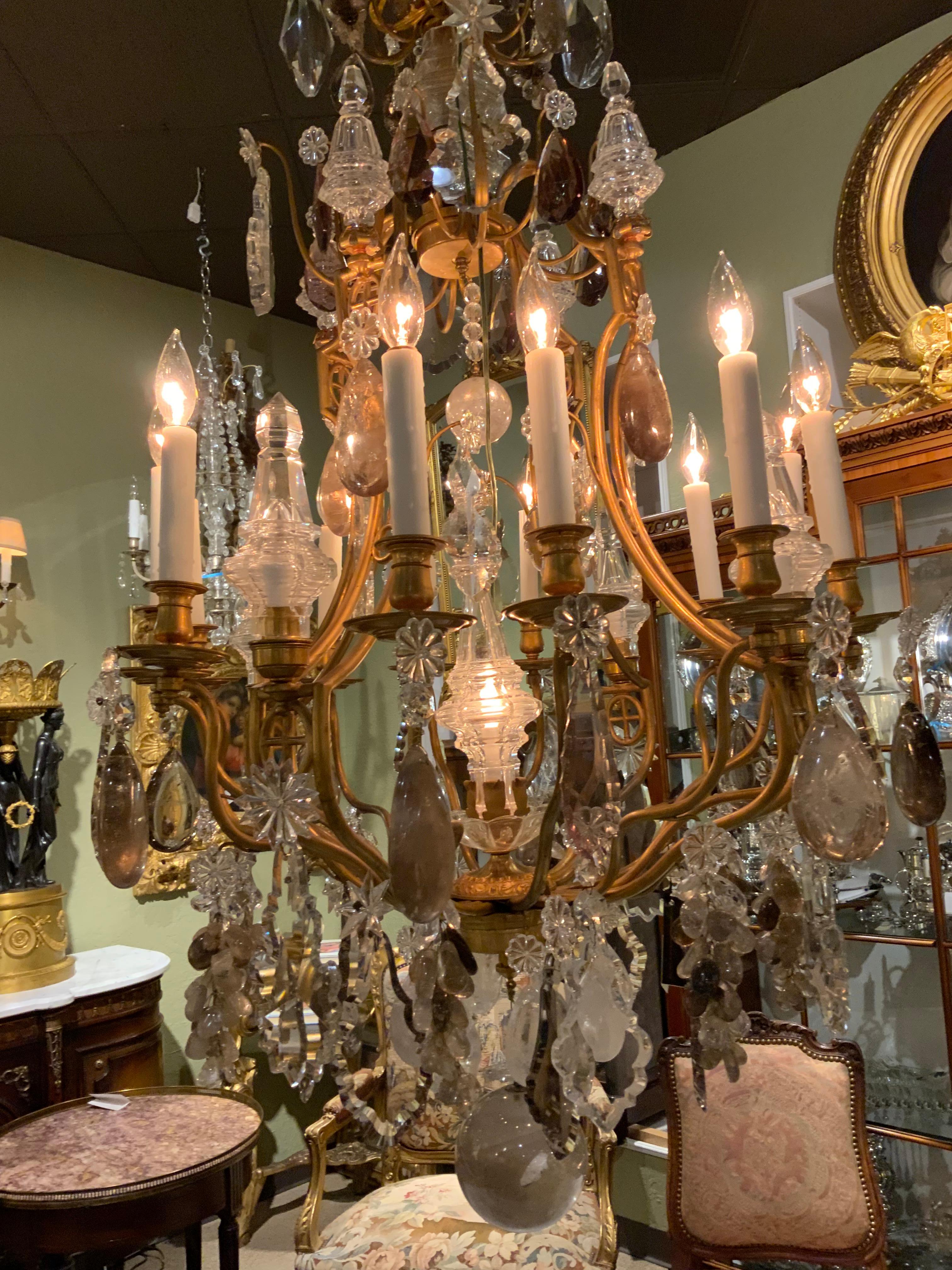 Large French Bronze and Crystal Chandelier with 13 Lights Rock and Smoke Crystal 3