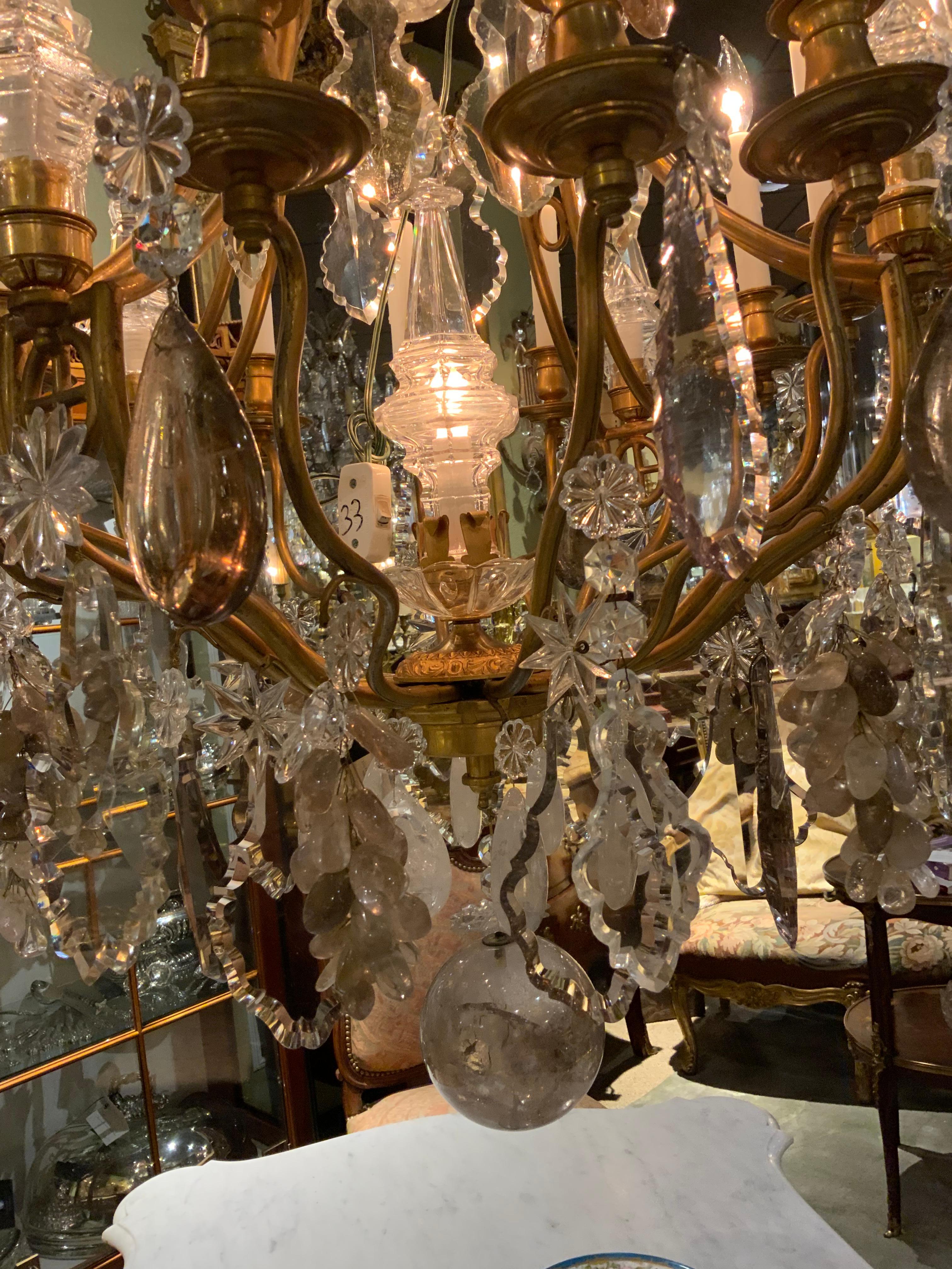 Large French Bronze and Crystal Chandelier with 13 Lights Rock and Smoke Crystal 4