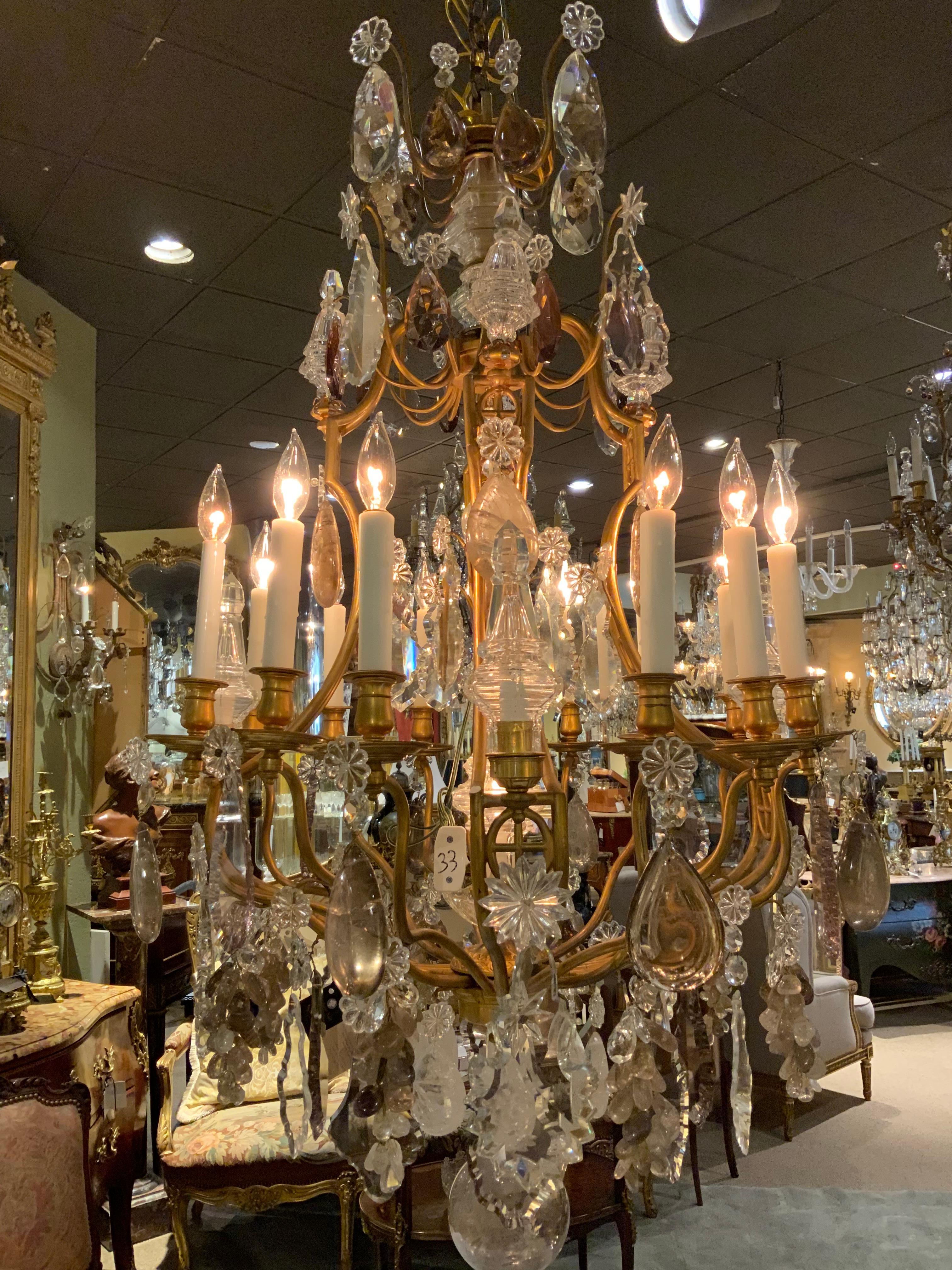 Large French Bronze and Crystal Chandelier with 13 Lights Rock and Smoke Crystal 5