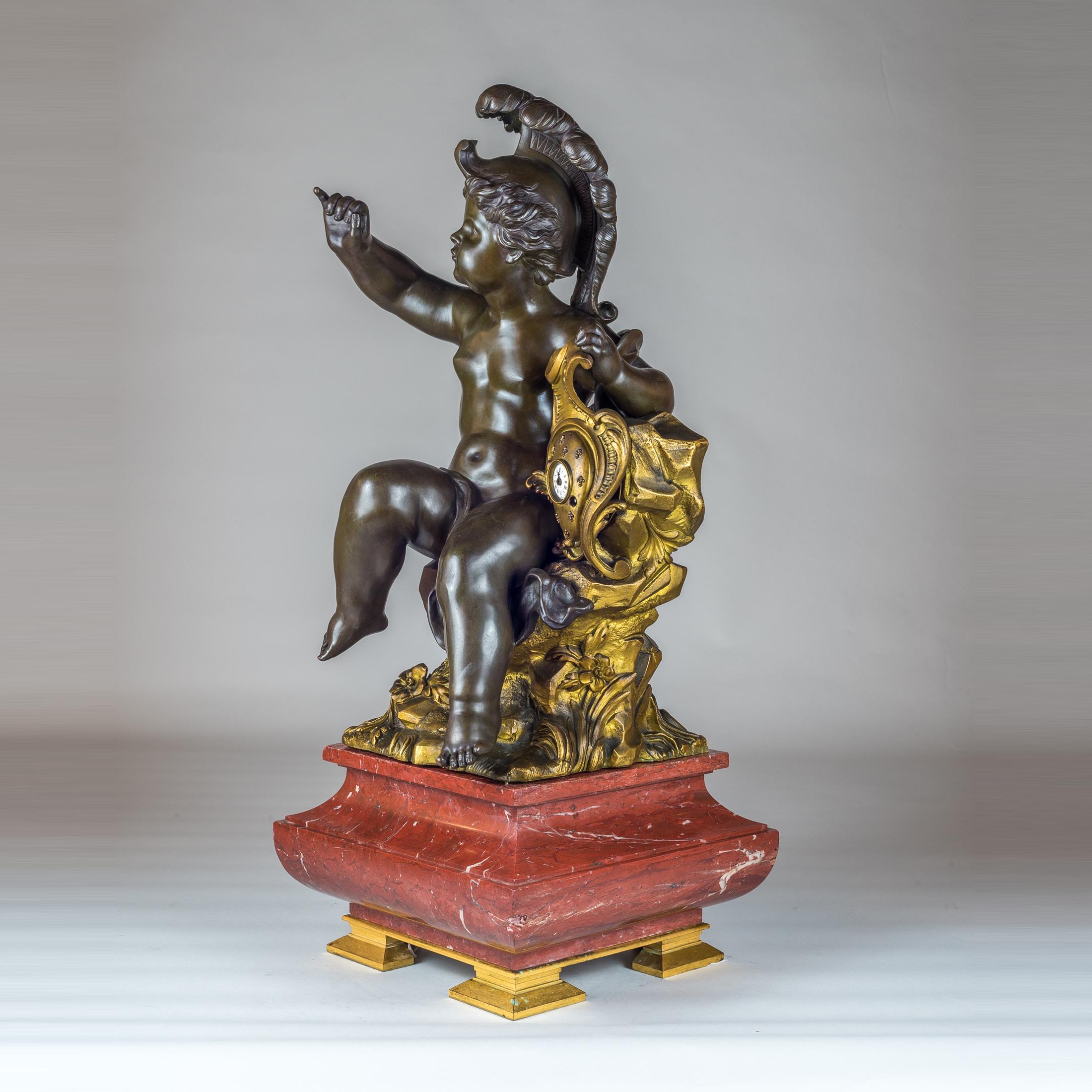 The fine casting classical seated cherub beside a Roman numeral dial, surmounted on Royal Rouge marble plinth. Movement marked RAINCO Fres Paris 2045/Jappy Freres & Cie. ?
Maker: Jappy Freres & Cie.?
Origin: French?
Date: 19th