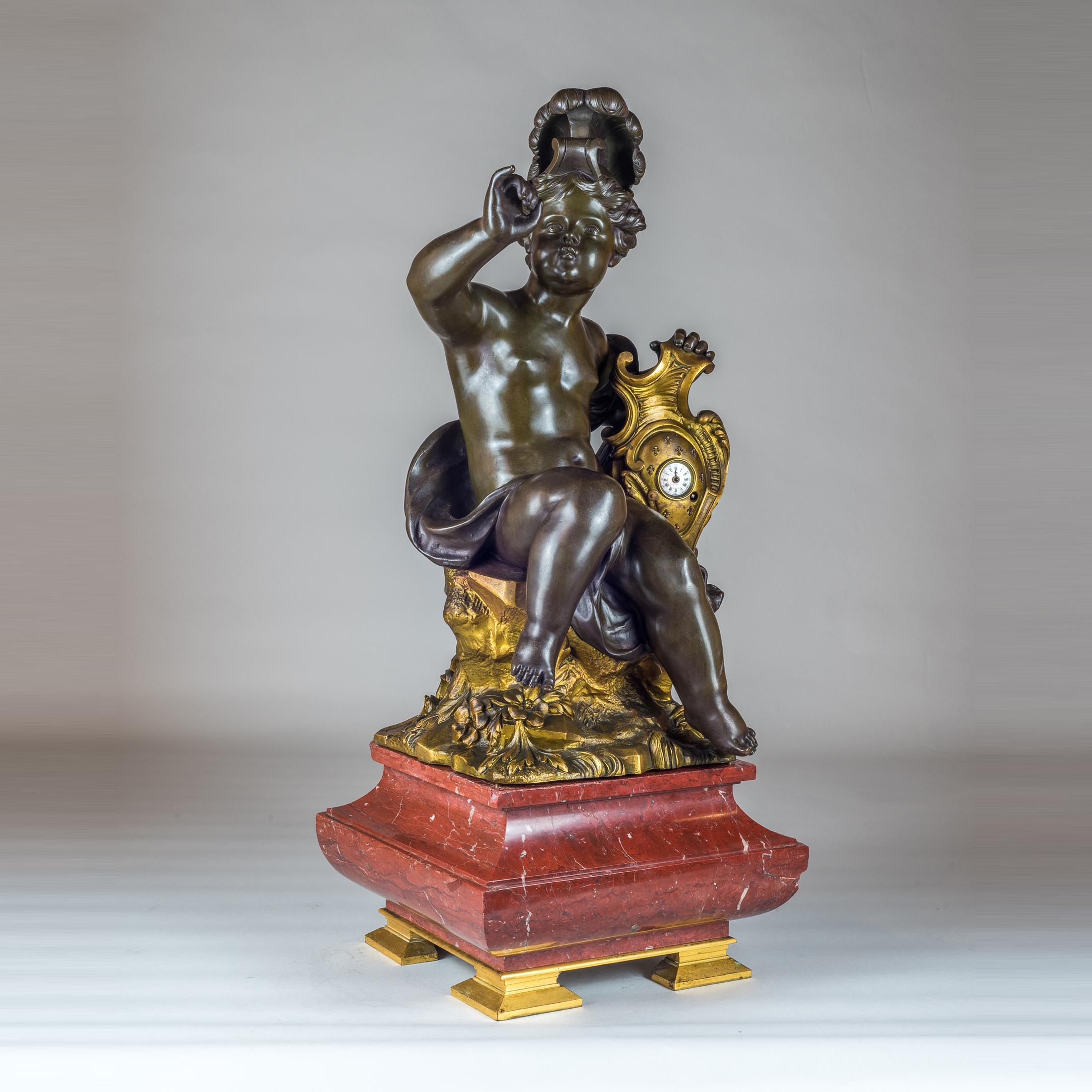 Gilt Large French Bronze and Rouge Marble Figural Mantel Clock